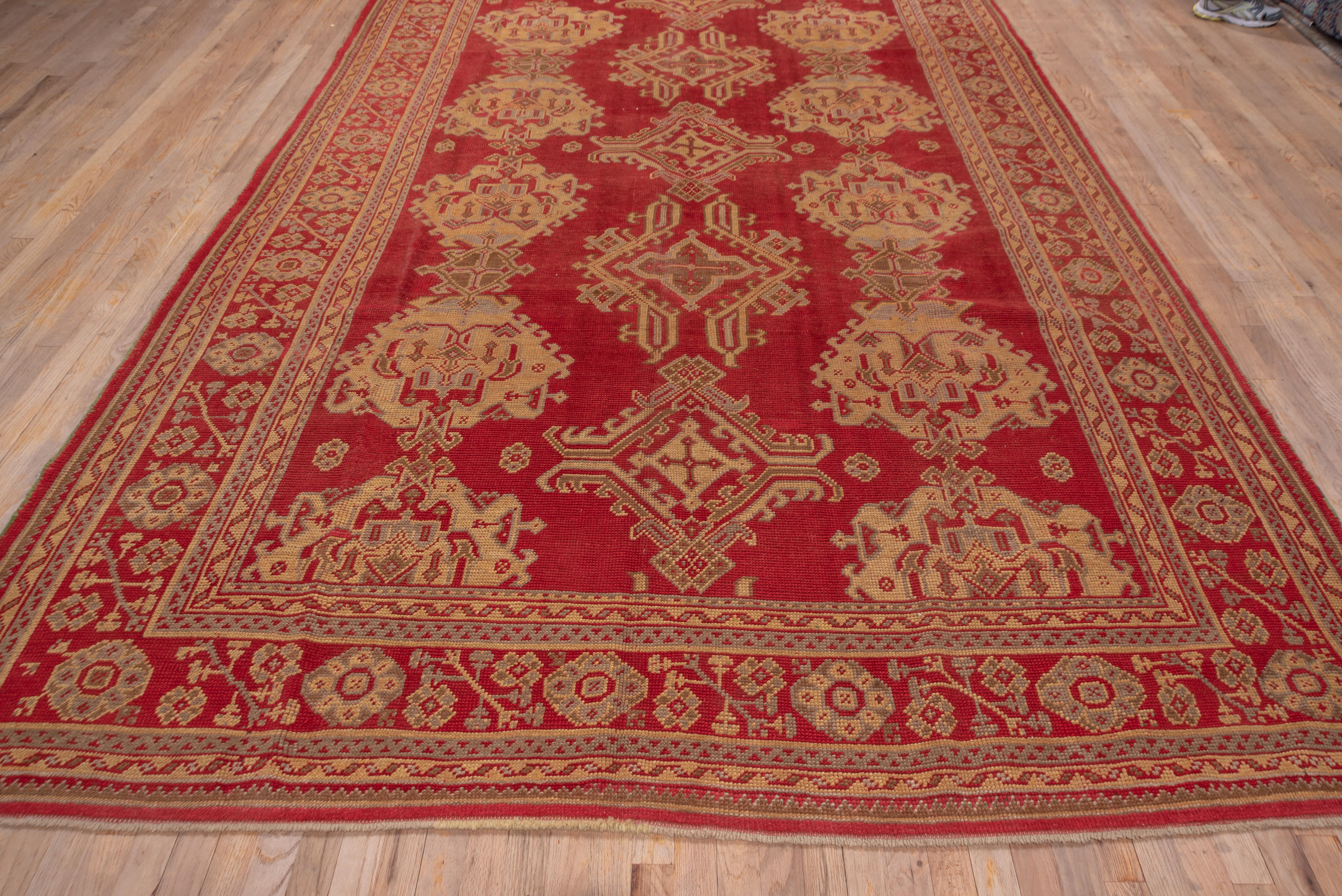 Red & Gold Antique Turkish Oushak Rug with an Allover Field, circa 1920s In Good Condition For Sale In New York, NY