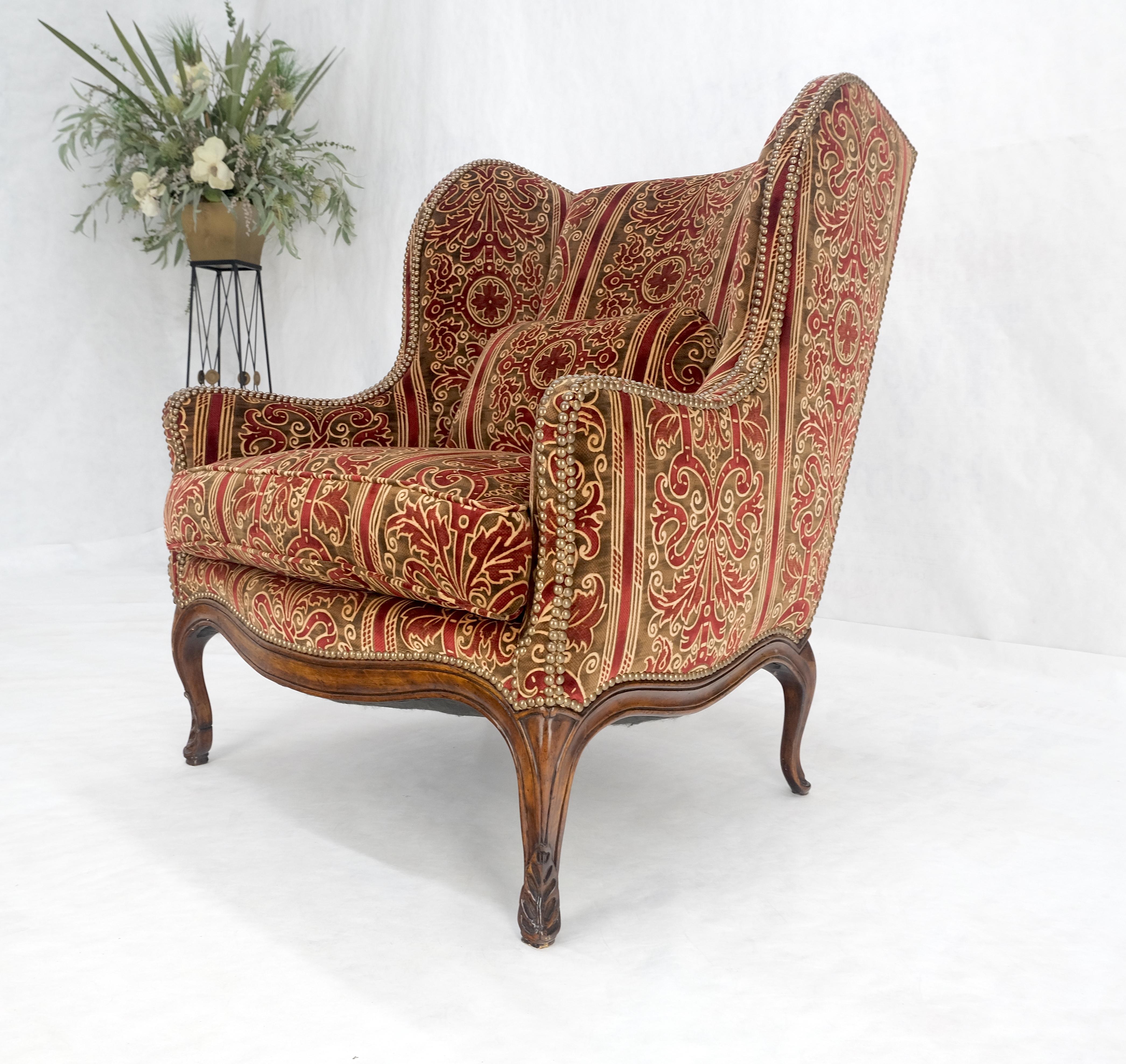 Red Gold Brass Tacks Upholstery Carved Mahogany Base Legs Large Wing Chair MINT! For Sale 5