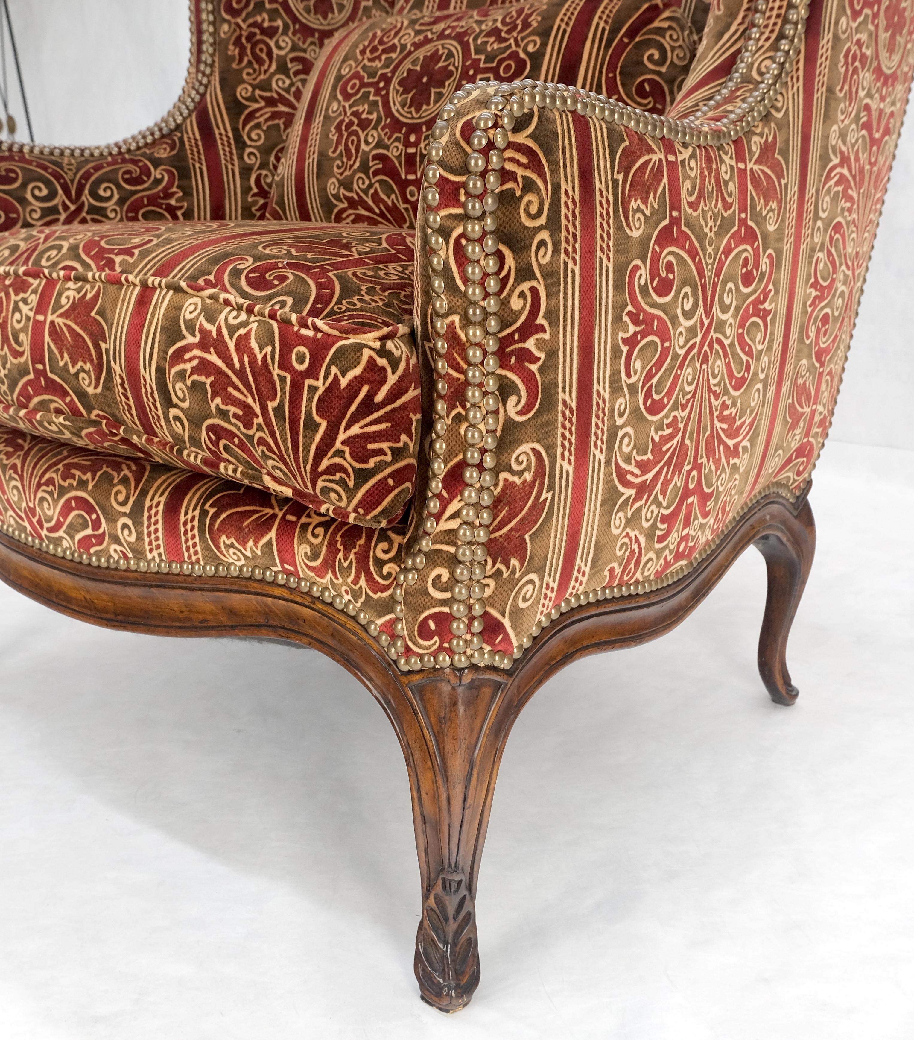 Red Gold Brass Tacks Upholstery Carved Mahogany Base Legs Large Wing Chair MINT! For Sale 6