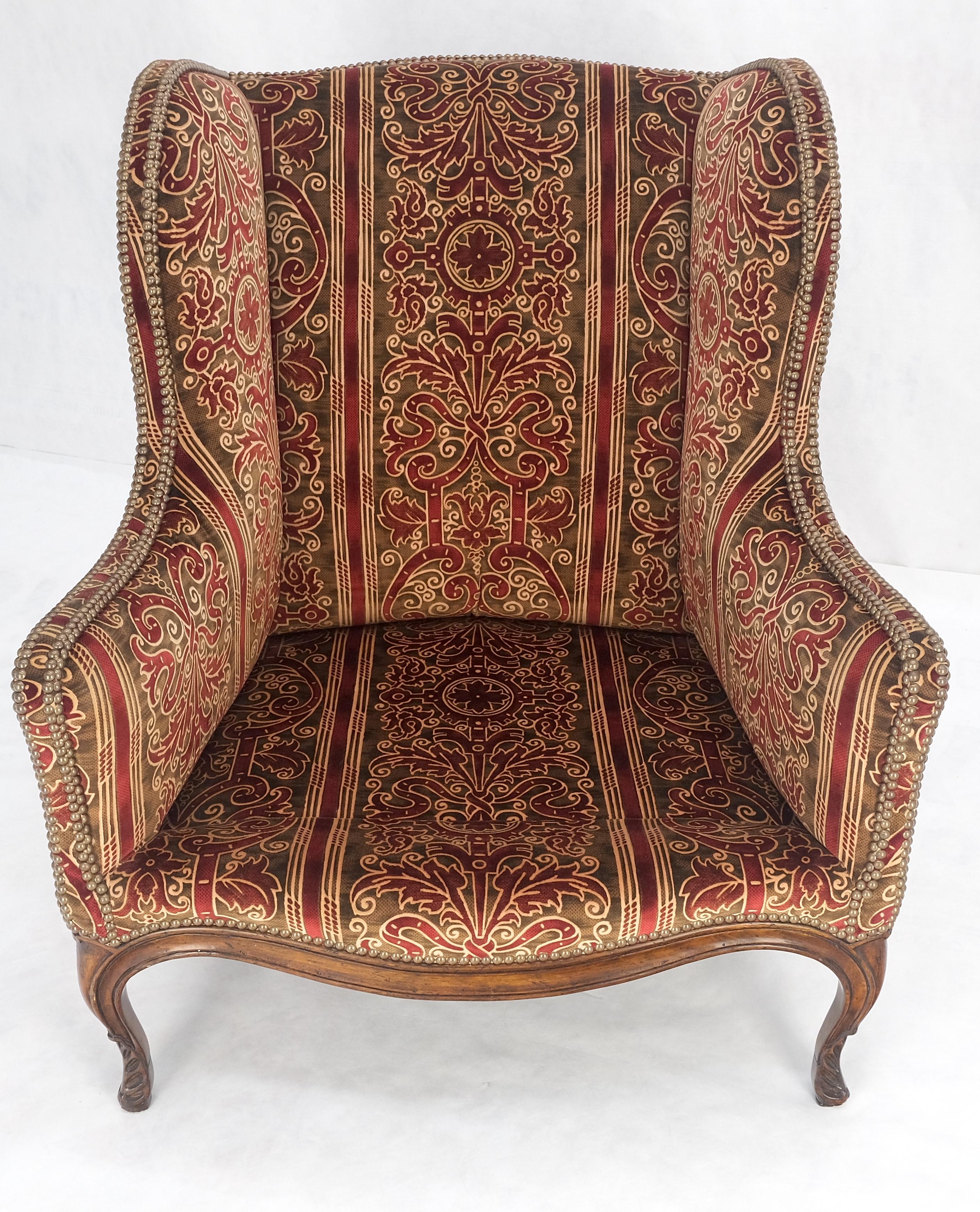 Red Gold Brass Tacks Upholstery Carved Mahogany Base Legs Large Wing Chair MINT! For Sale 7