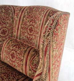 Red Gold Brass Tacks Upholstery Carved Mahogany Base Legs Large Wing Chair MINT!