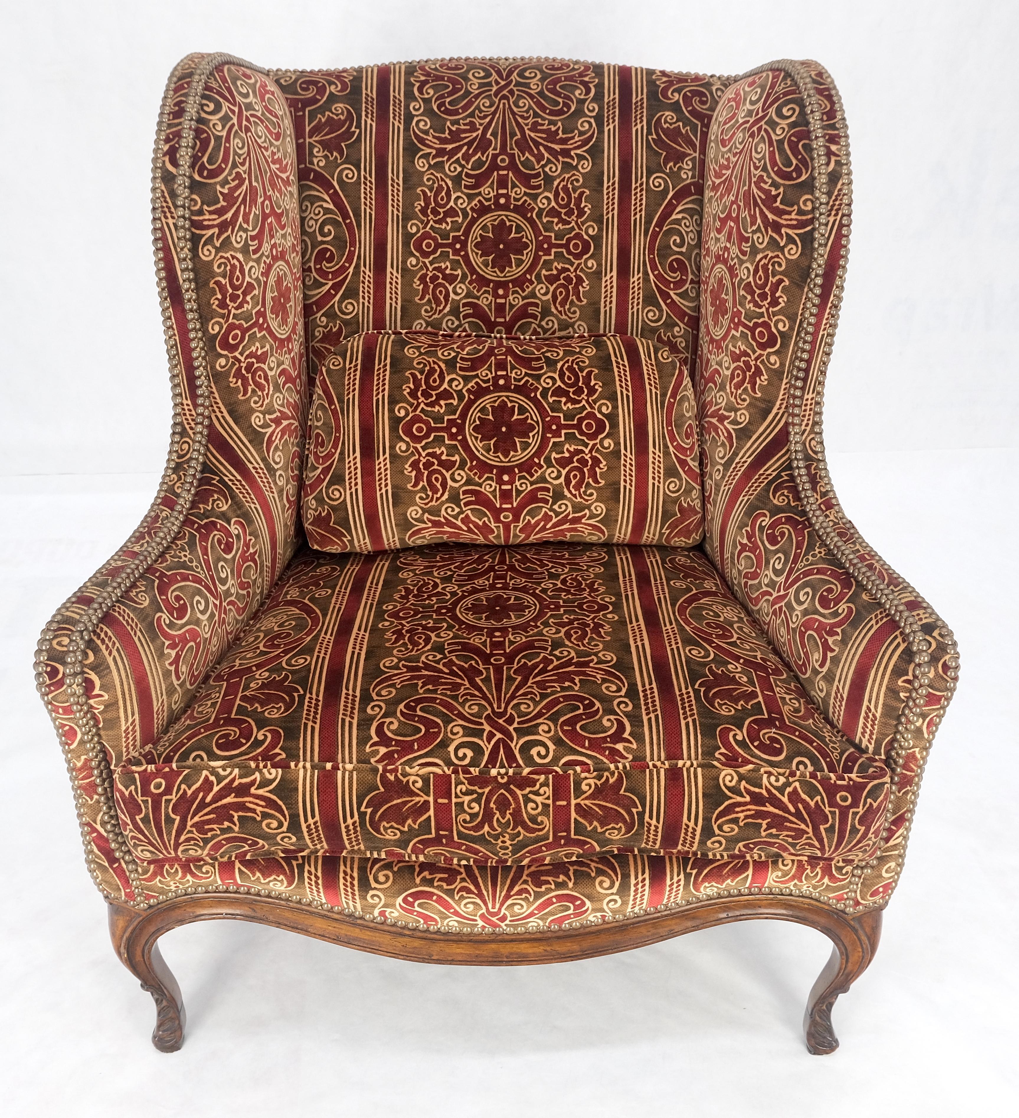 American Red Gold Brass Tacks Upholstery Carved Mahogany Base Legs Large Wing Chair MINT! For Sale