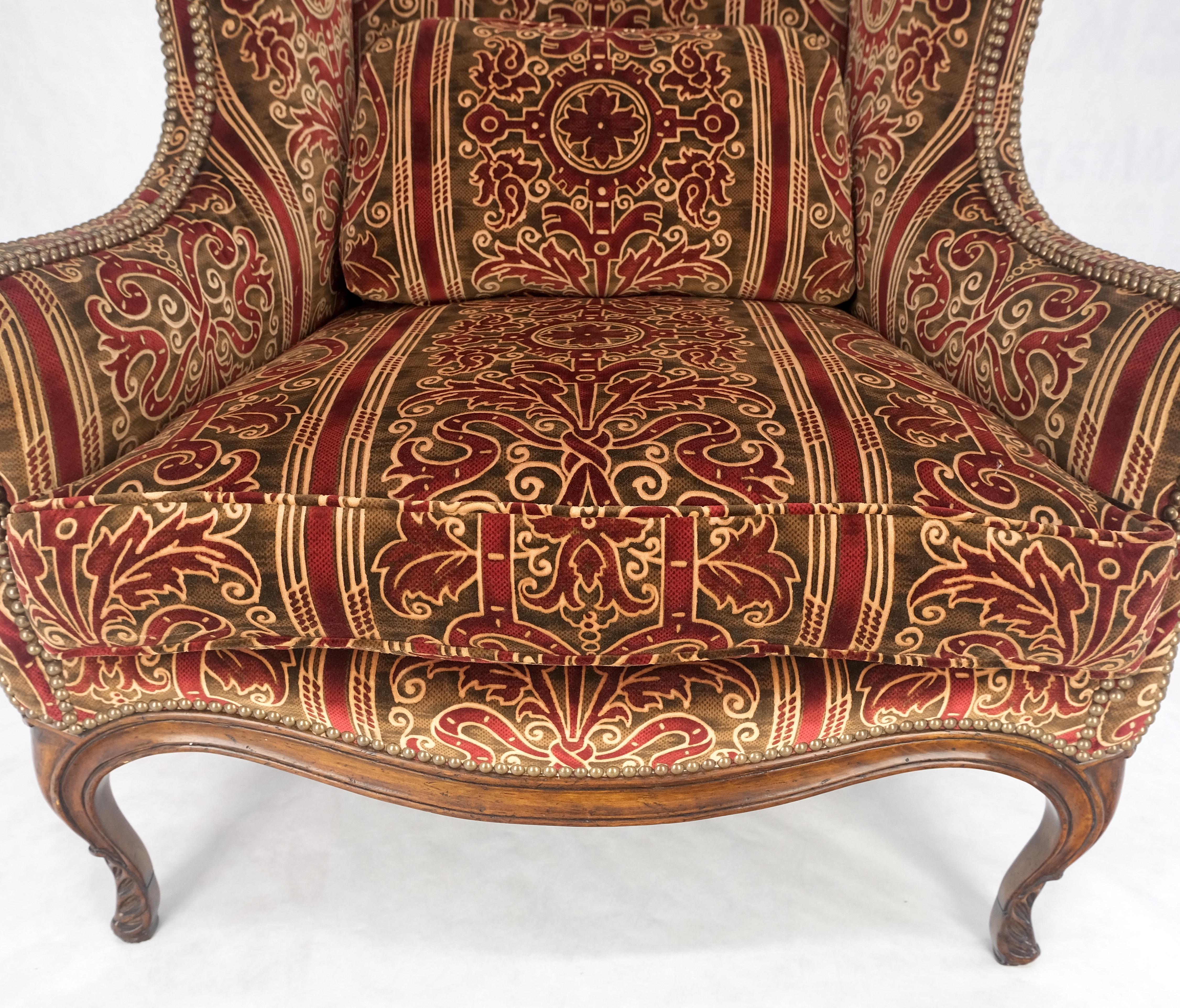 Red Gold Brass Tacks Upholstery Carved Mahogany Base Legs Large Wing Chair MINT! For Sale 1
