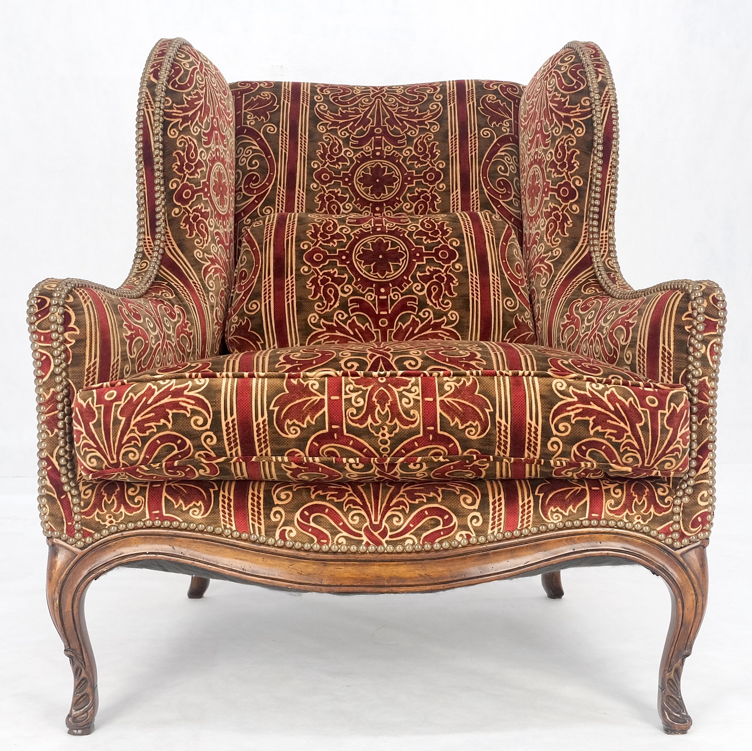Red Gold Brass Tacks Upholstery Carved Mahogany Base Legs Large Wing Chair MINT! For Sale 2