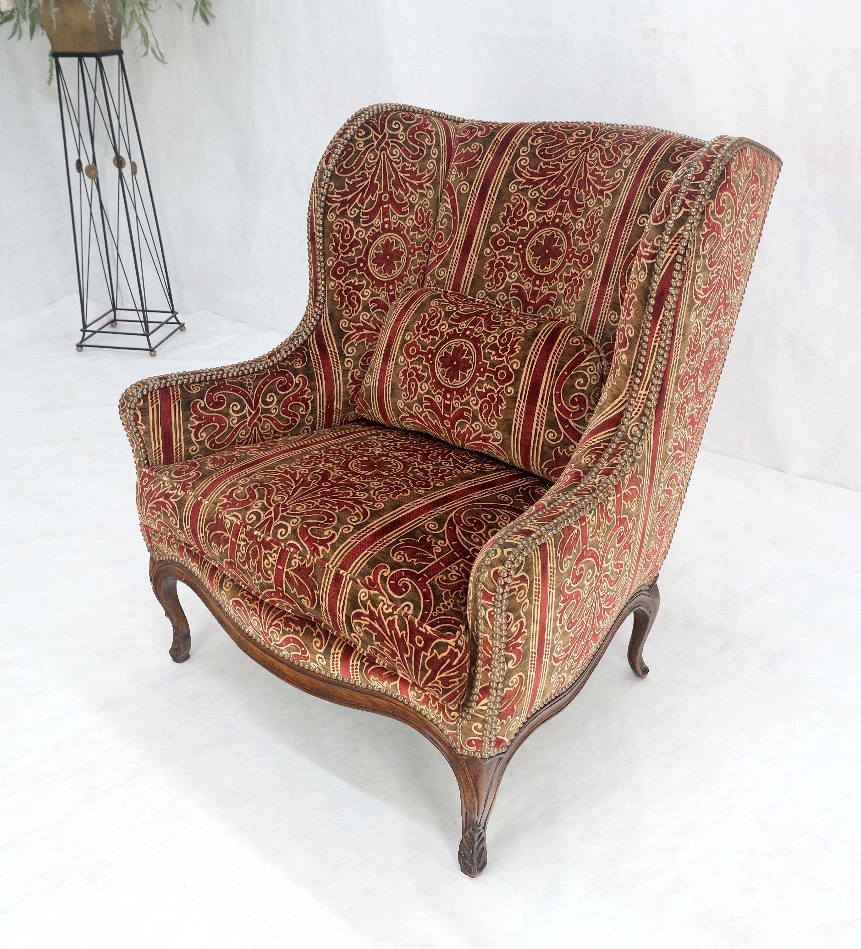 Red Gold Brass Tacks Upholstery Carved Mahogany Base Legs Large Wing Chair MINT! For Sale 4