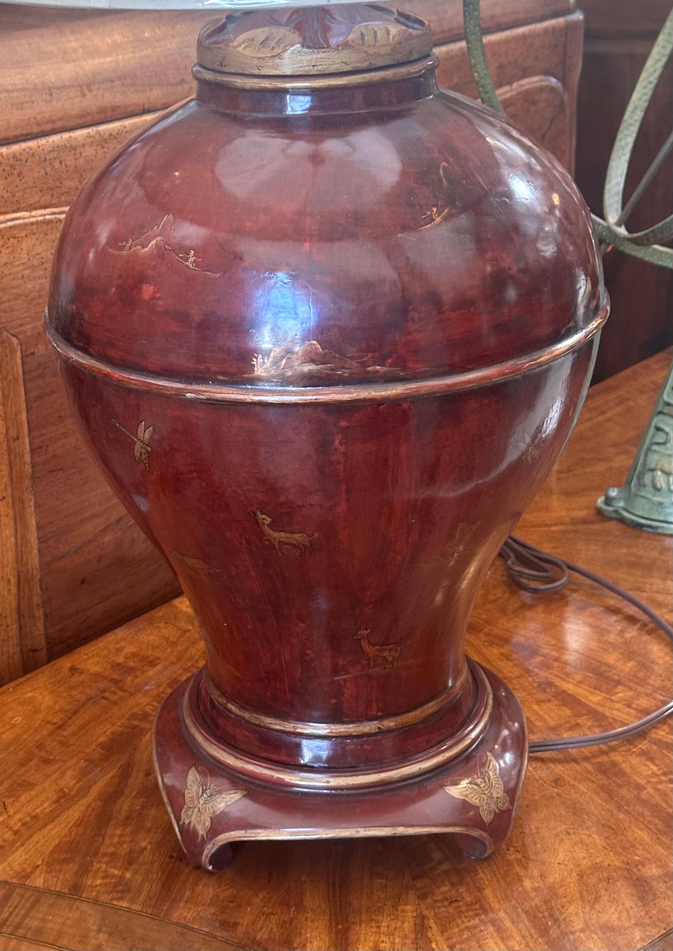 American Red & Gold Chinoiserie Table Lamp by Burton-Ching Ltd For Sale