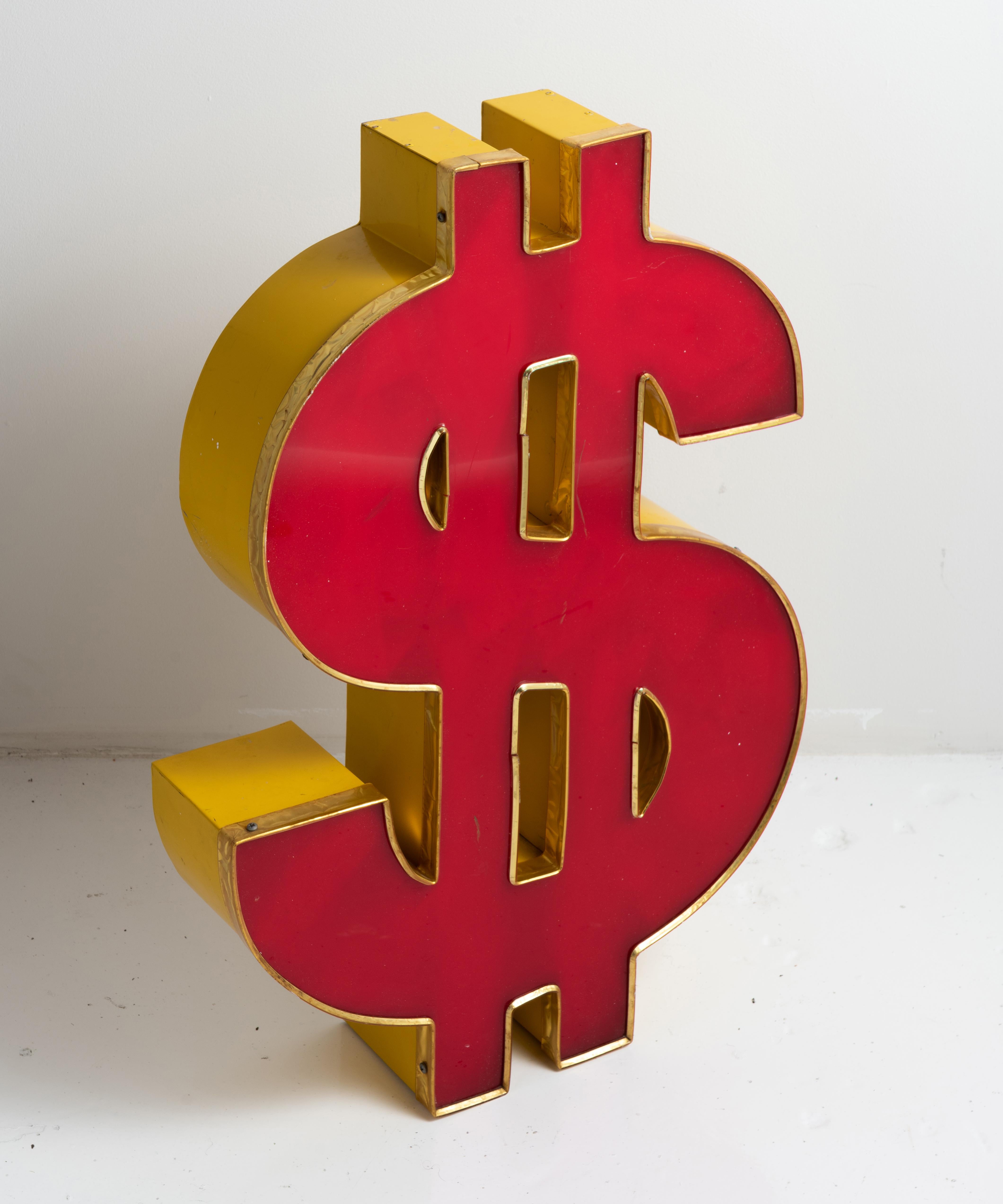 Red and gold dollar sign, America, circa 1970

Enameled metal with foil and acrylic. Front is red with gold back.