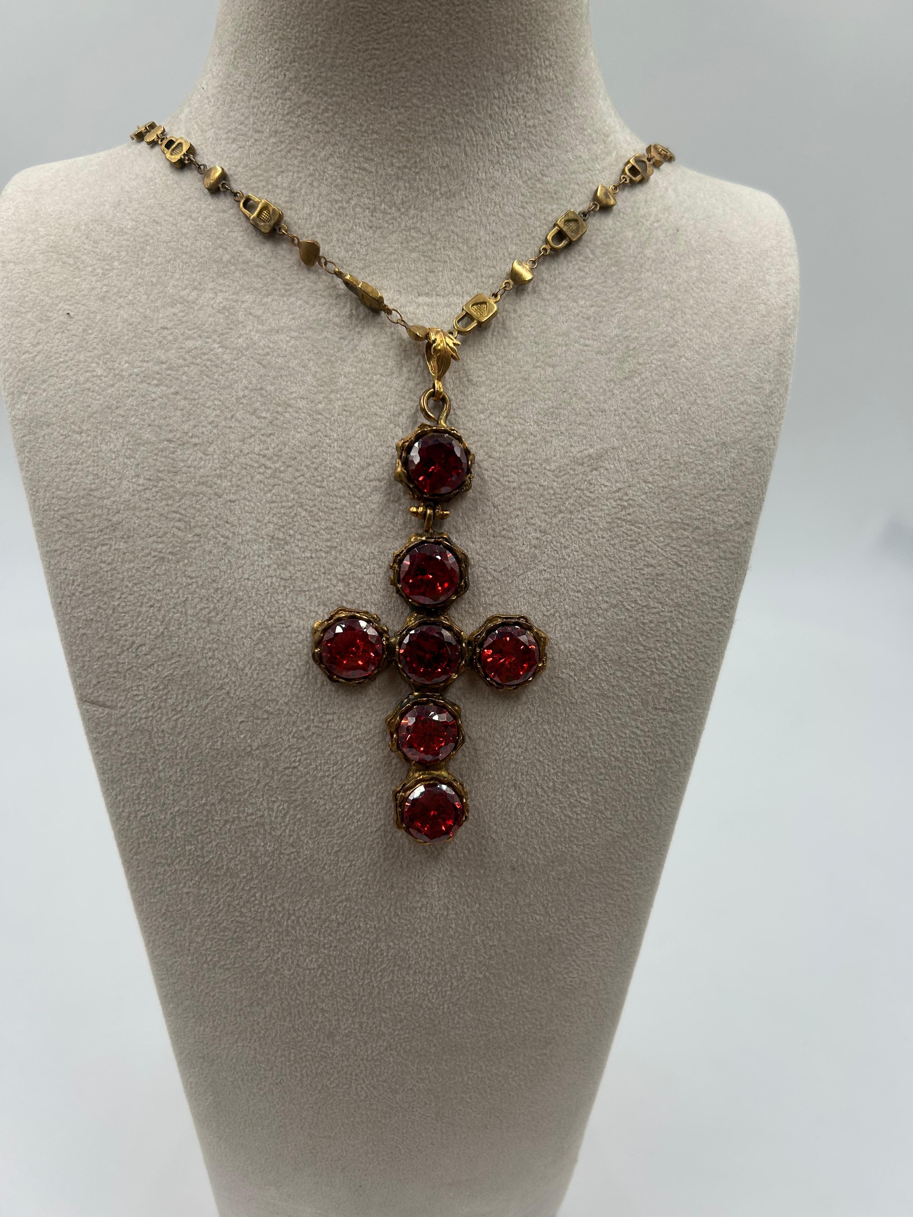 Uncut Red & Gold-Toned Brass Dangling Cross Statement Pendant For Sale
