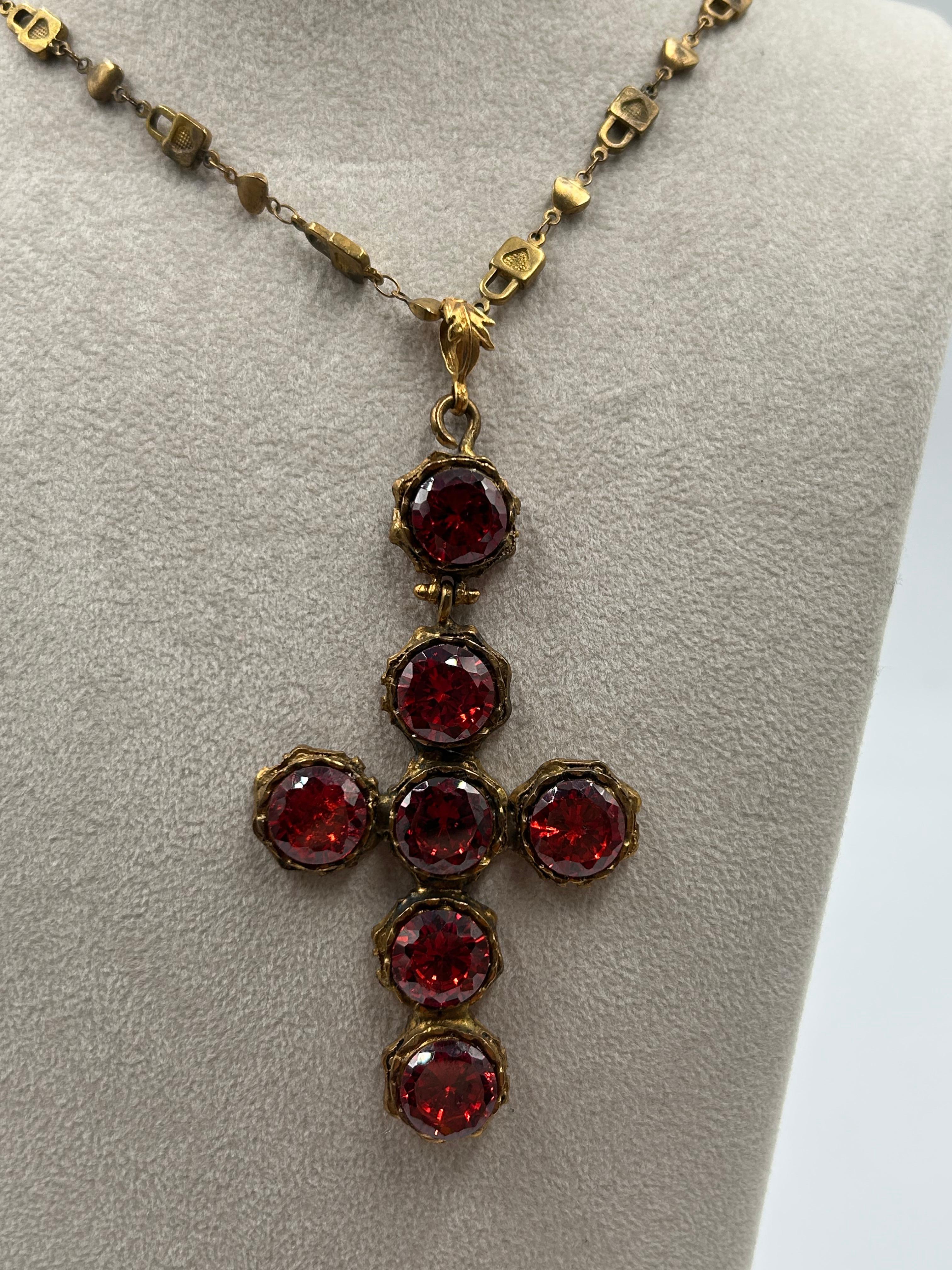 Red & Gold-Toned Brass Dangling Cross Statement Pendant For Sale 1