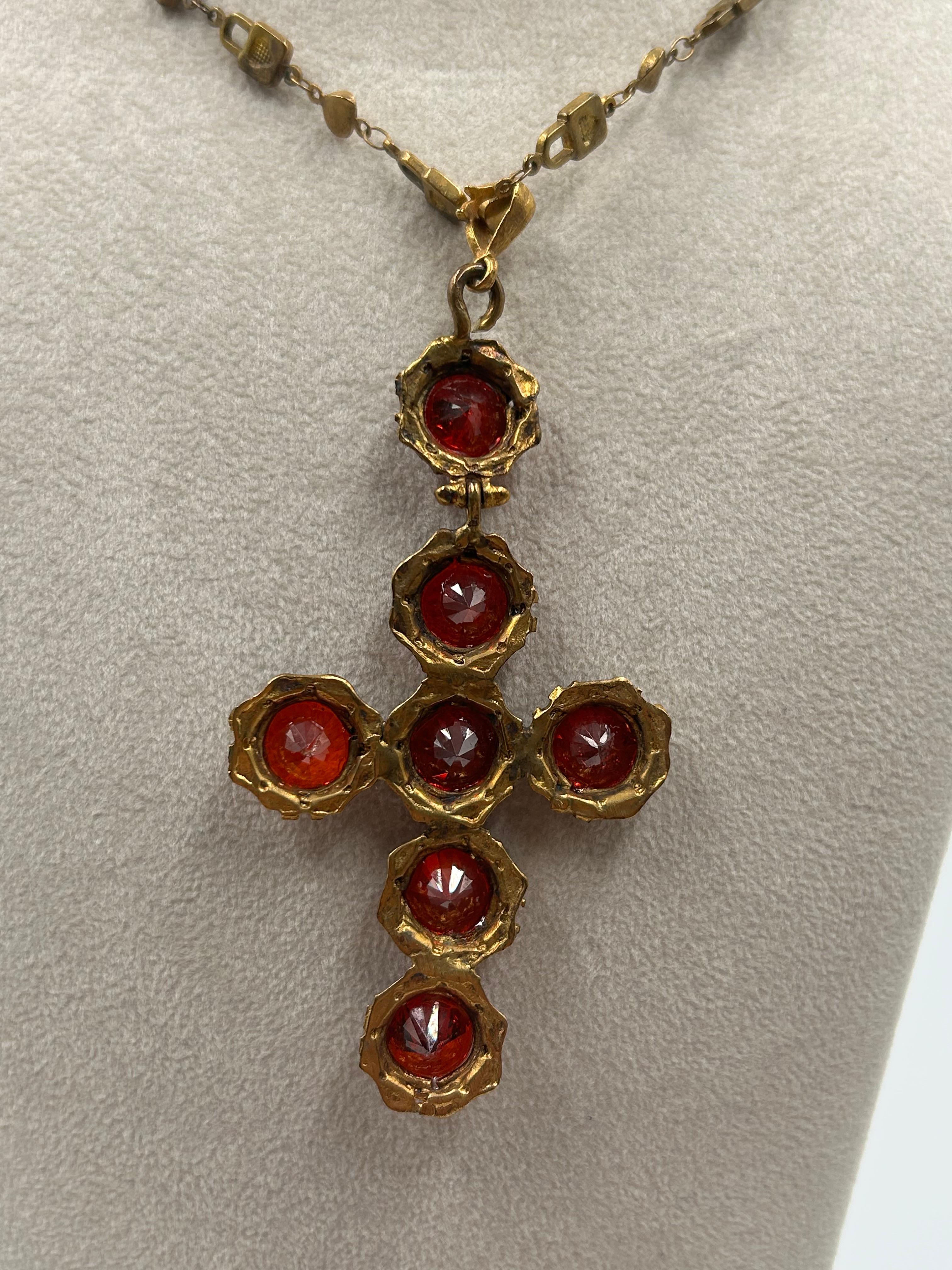 Red & Gold-Toned Brass Dangling Cross Statement Pendant For Sale 2