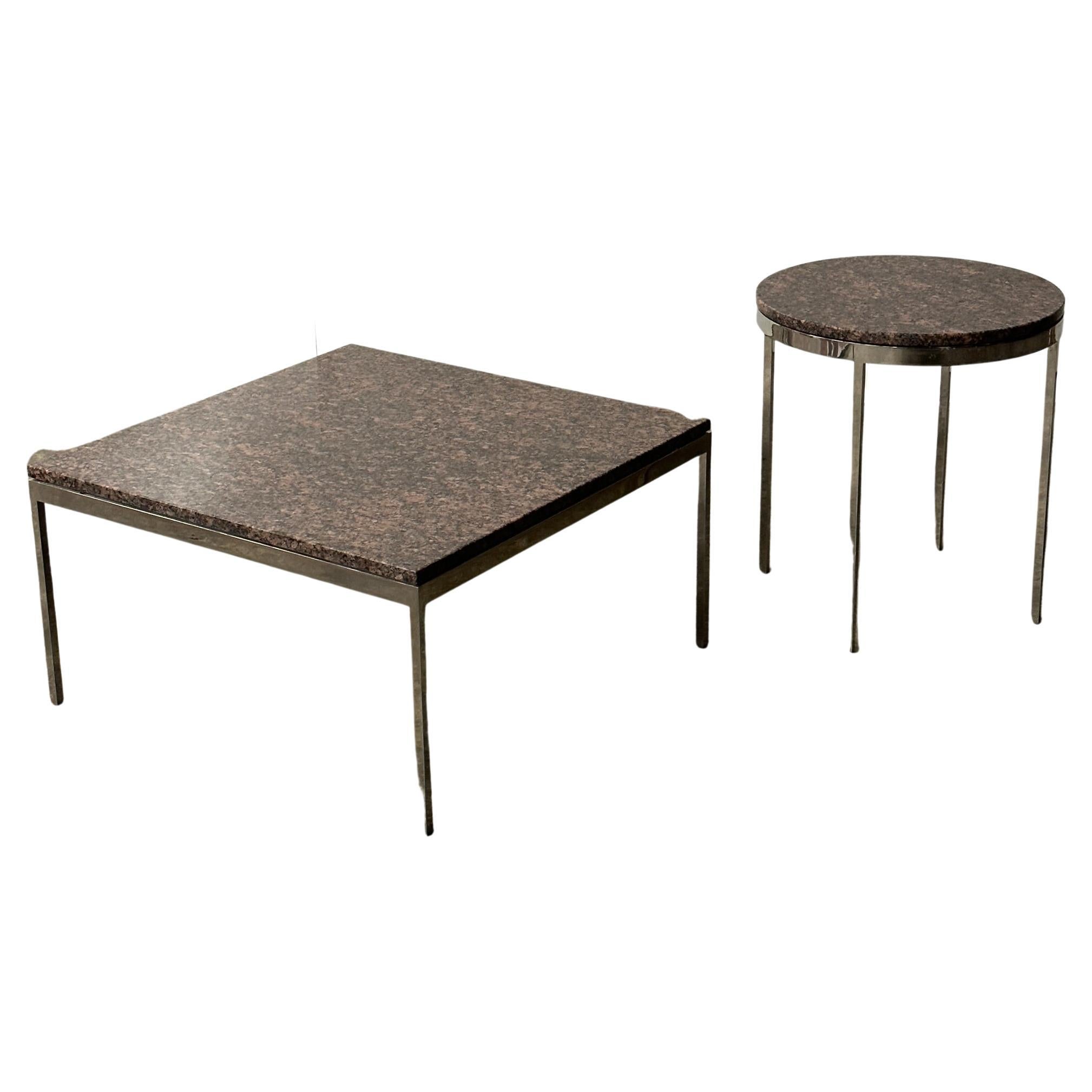 Red Granite + Chrome Tables by Nicos Zographos For Sale