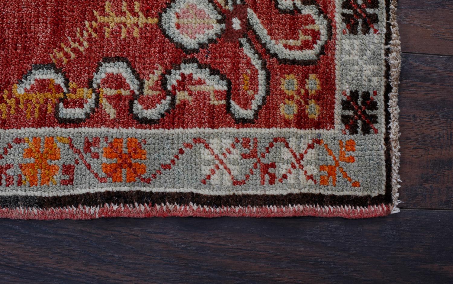 Red, Gray and Beige Handmade Wool Turkish Old Anatolian Konya Distressed Rug For Sale 1