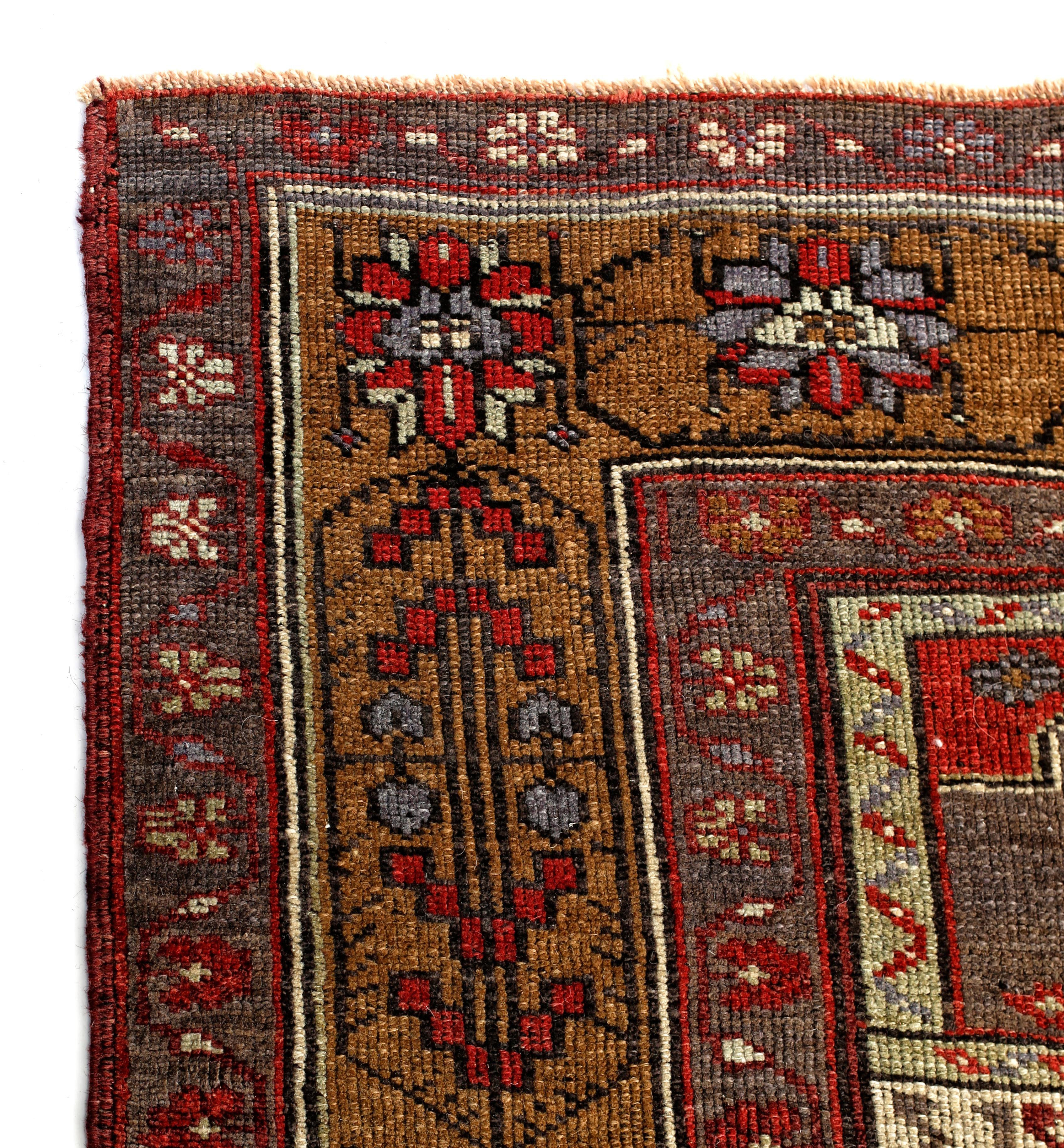 Hand-Knotted Red, Gray and Brown Handmade Wool Turkish Old Anatolian Konya Distressed Rug For Sale