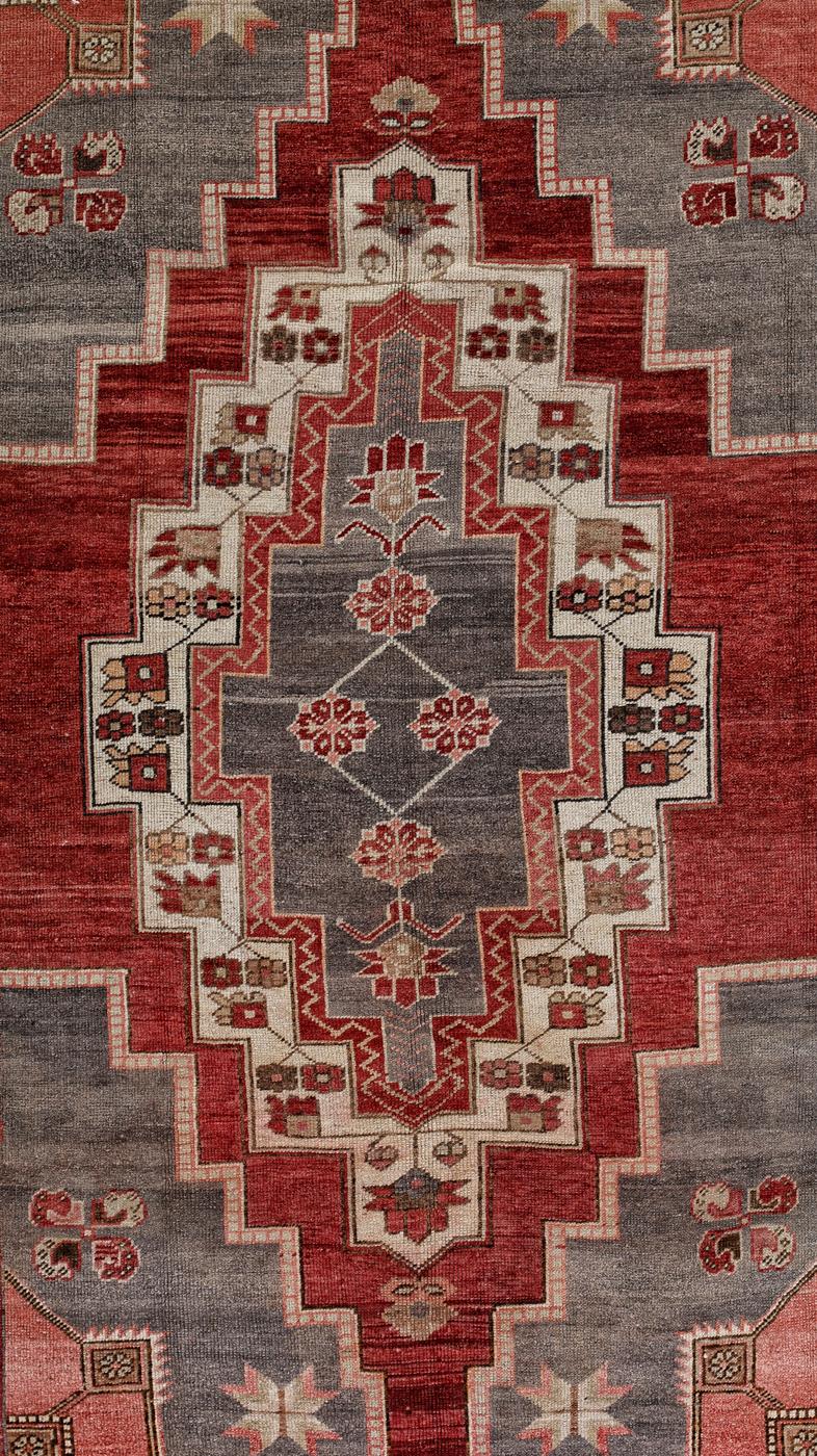 Hand-Knotted Red, Gray and Brown Handmade Wool Turkish Old Anatolian Konya Distressed Rug For Sale