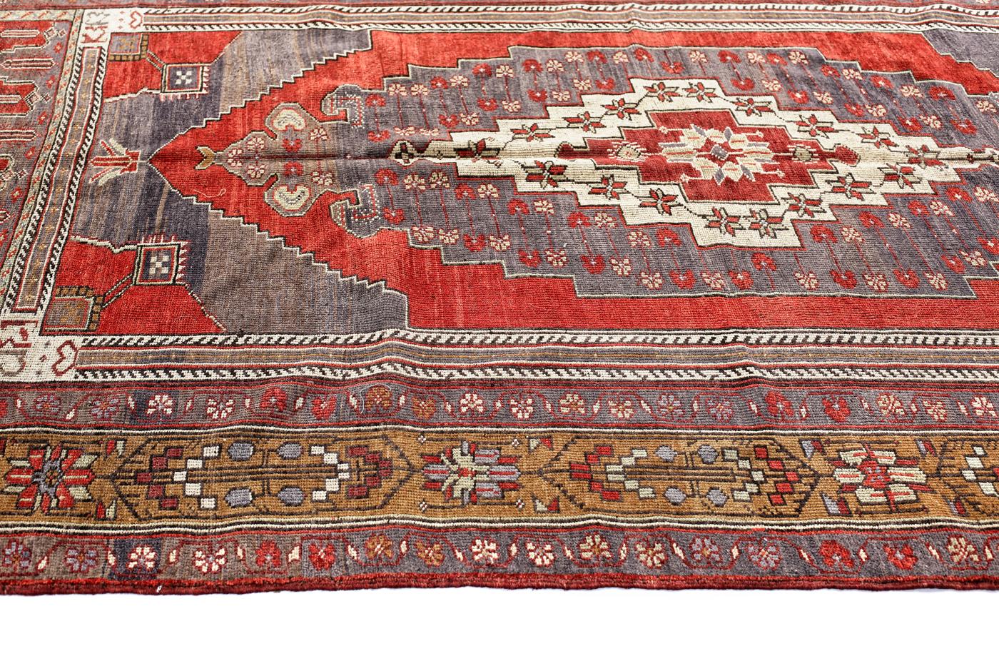 Red, Gray and Brown Handmade Wool Turkish Old Anatolian Konya Distressed Rug In Excellent Condition For Sale In North Bergen, NJ