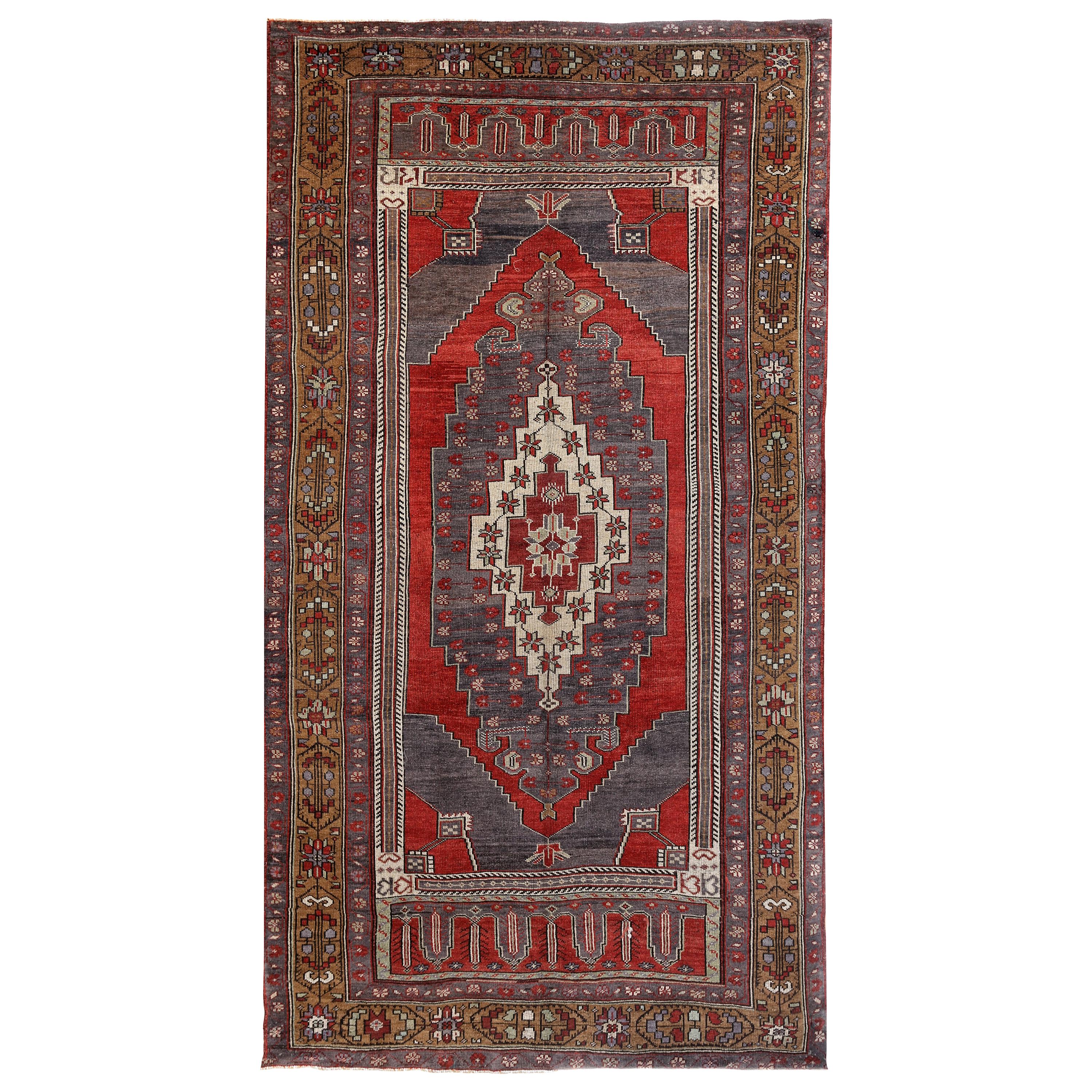 Red, Gray and Brown Handmade Wool Turkish Old Anatolian Konya Distressed Rug For Sale