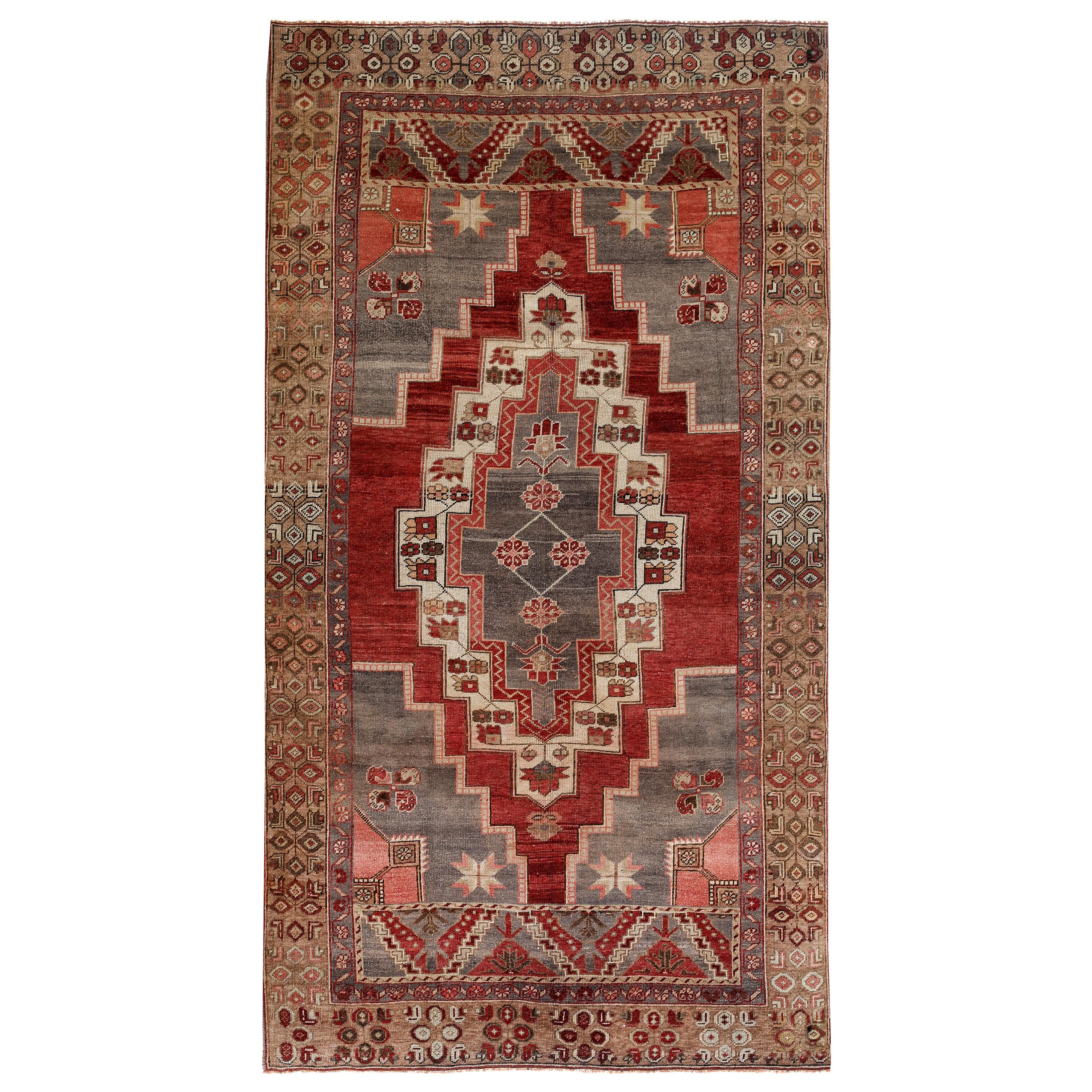 Red, Gray and Brown Handmade Wool Turkish Old Anatolian Konya Distressed Rug For Sale