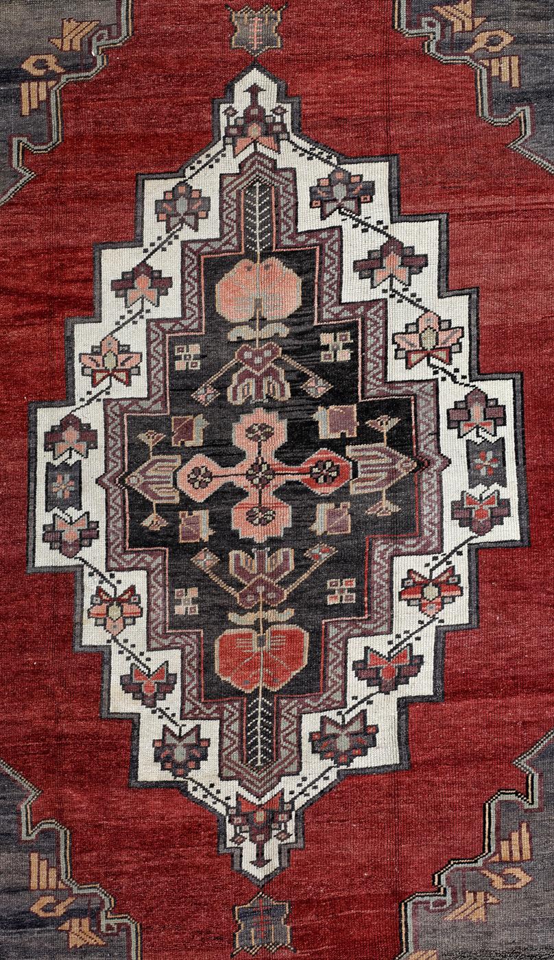 Hand-Knotted Red, Gray and Olive Handmade Wool Turkish Old Anatolian Konya Distressed Rug For Sale