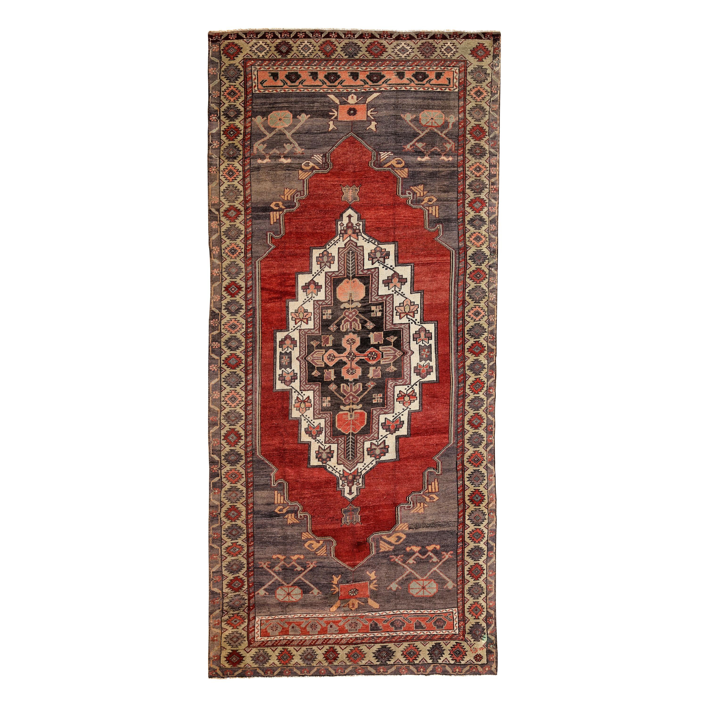 Red, Gray and Olive Handmade Wool Turkish Old Anatolian Konya Distressed Rug For Sale