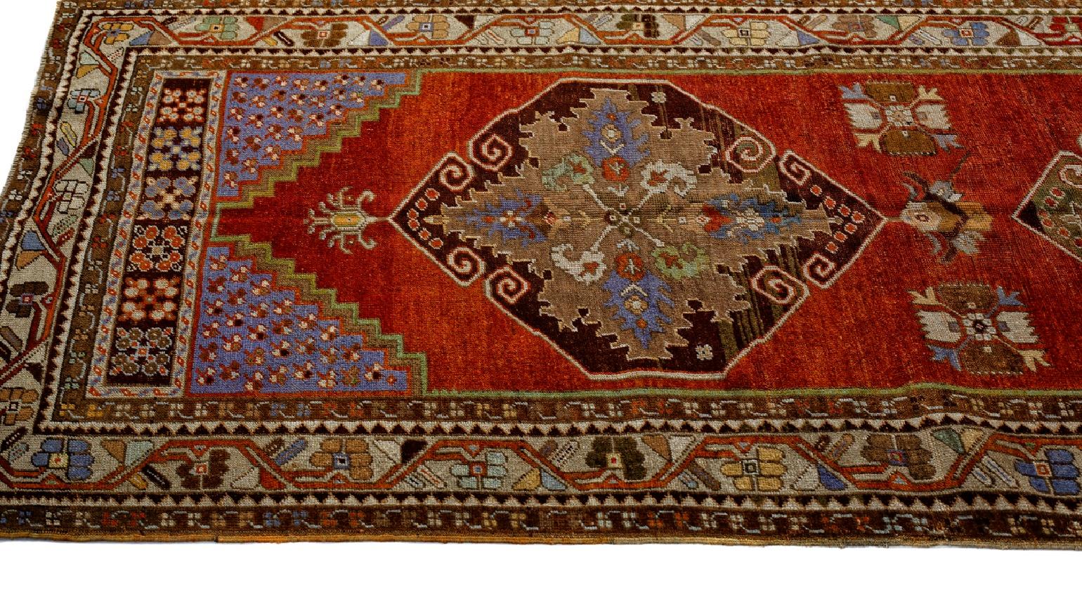Hand-Knotted Red, Gray and Purple Handmade Wool Turkish Old Anatolian Konya Distressed Rug For Sale