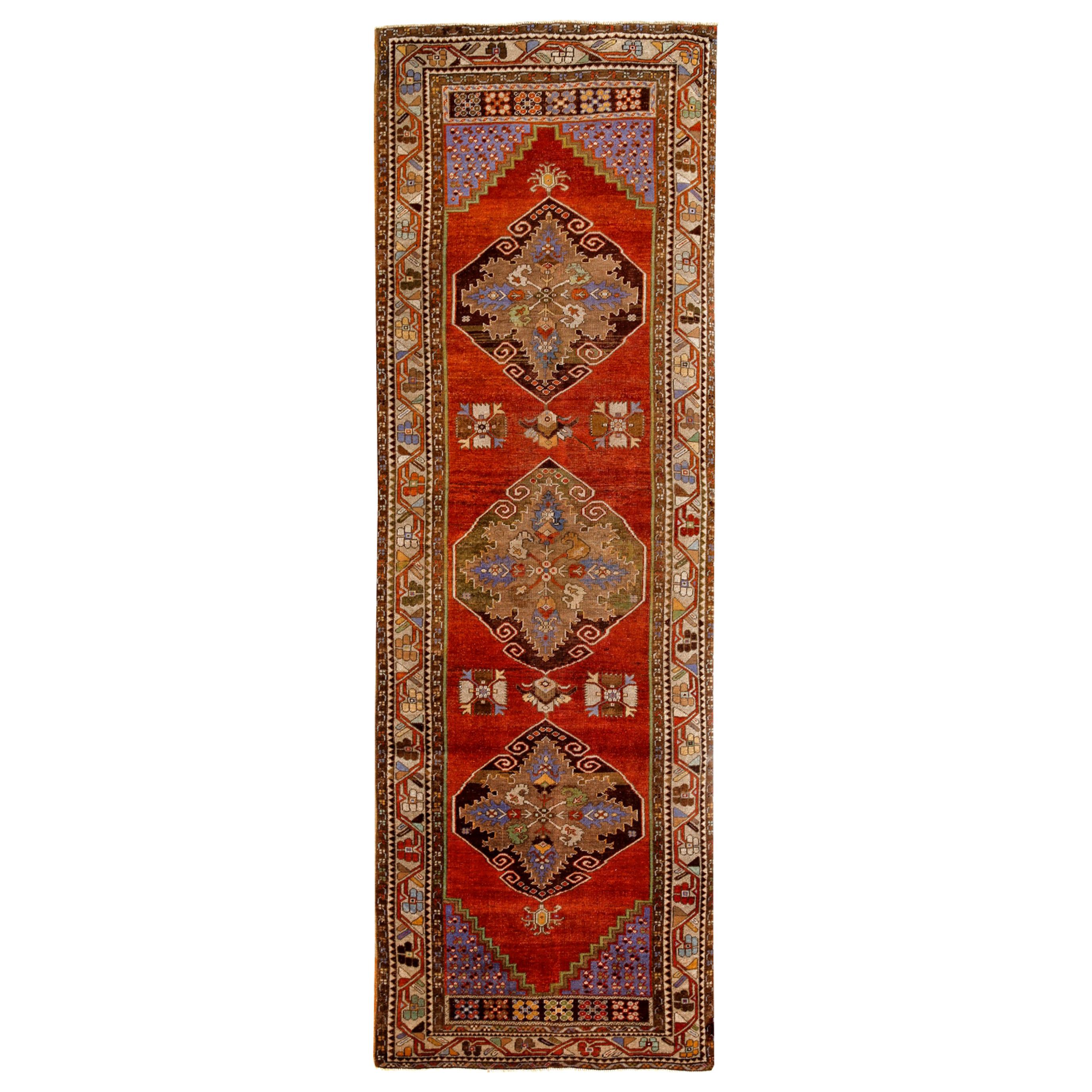 Red, Gray and Purple Handmade Wool Turkish Old Anatolian Konya Distressed Rug For Sale