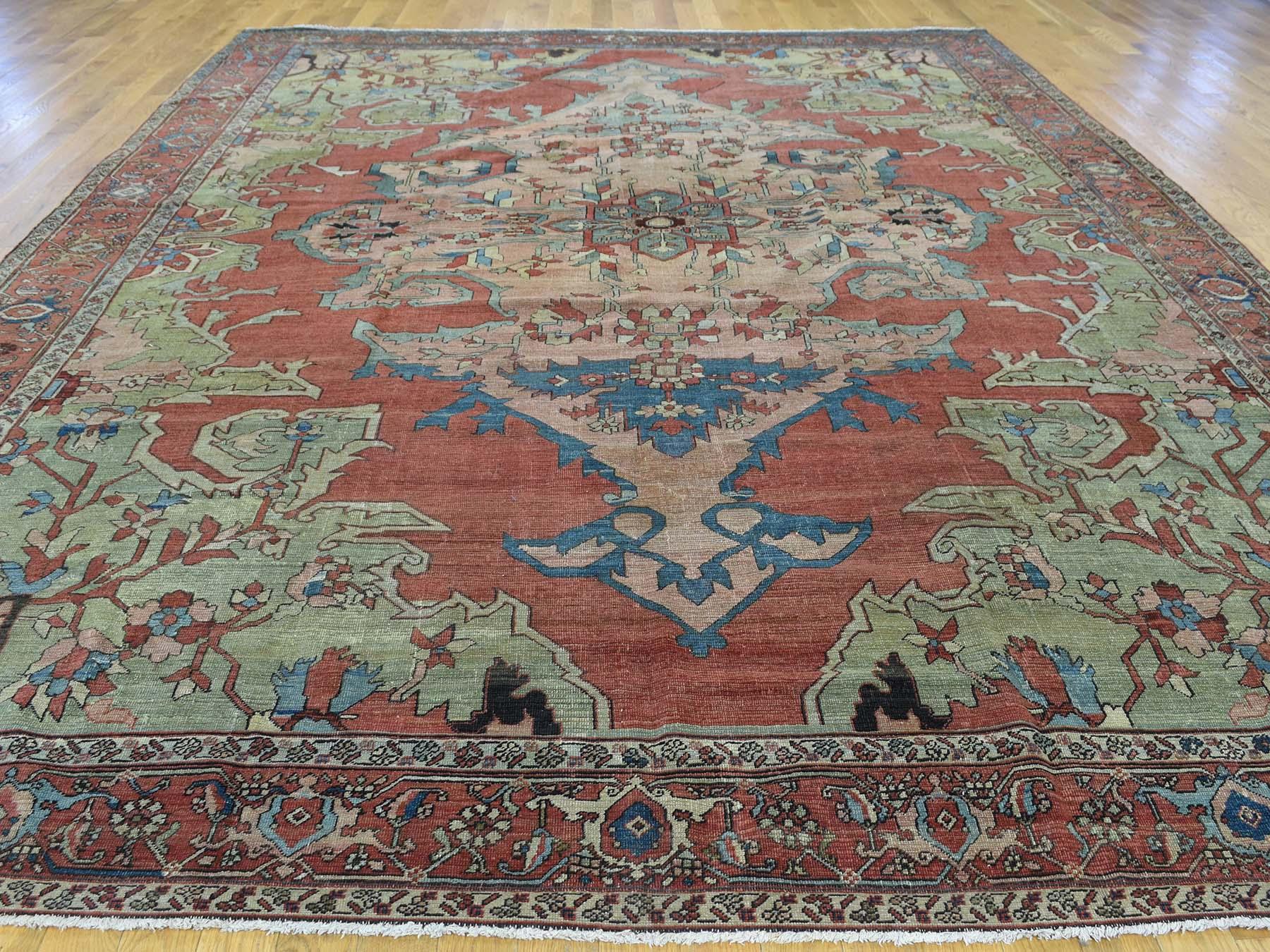 Hand-Knotted Red/Green 1880 Antique Persian Serapi Rug, Large Medallion