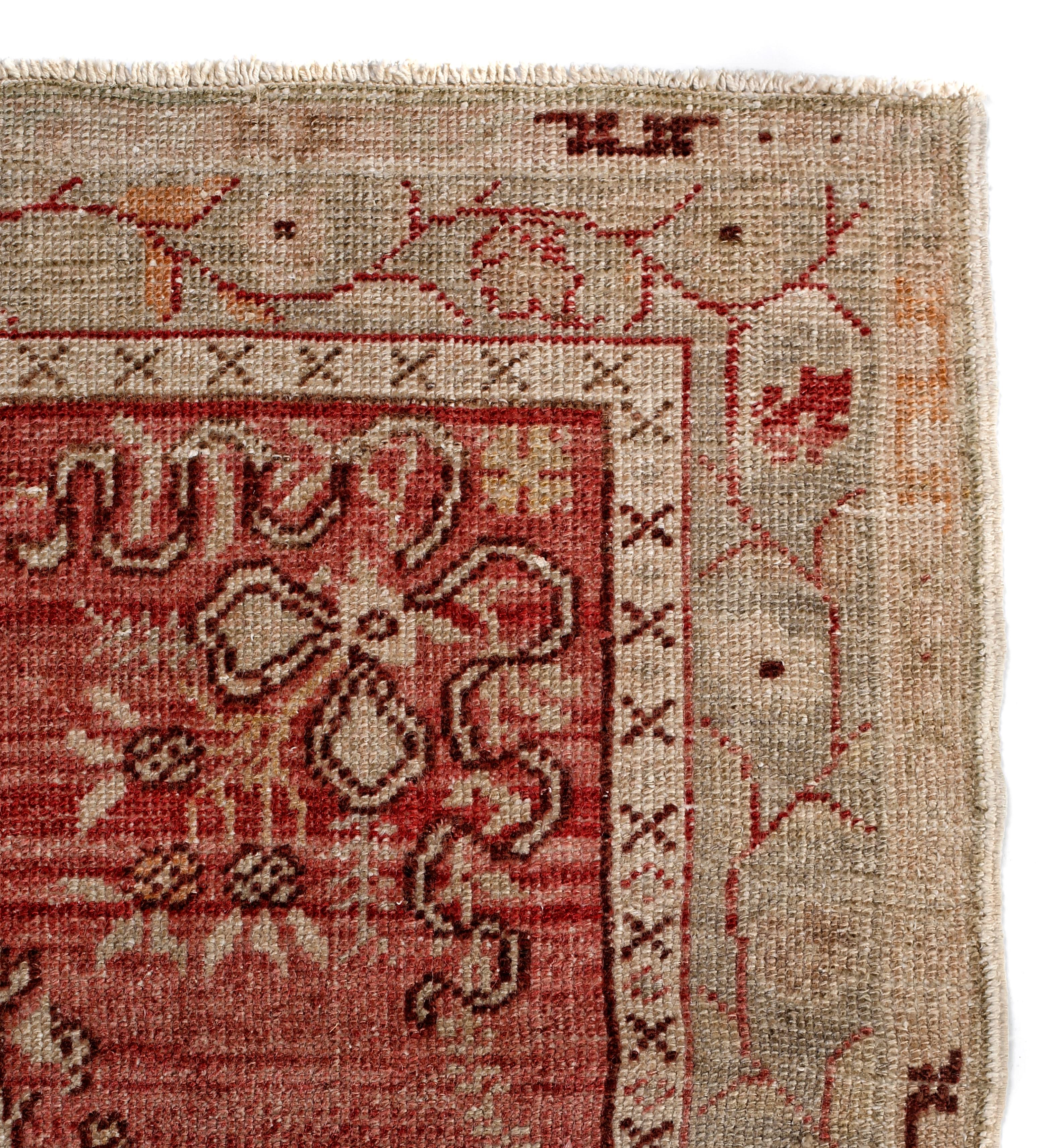 Oushak Red, Green and Beige Handmade Wool Turkish Old Anatolian Konya Distressed Rug For Sale