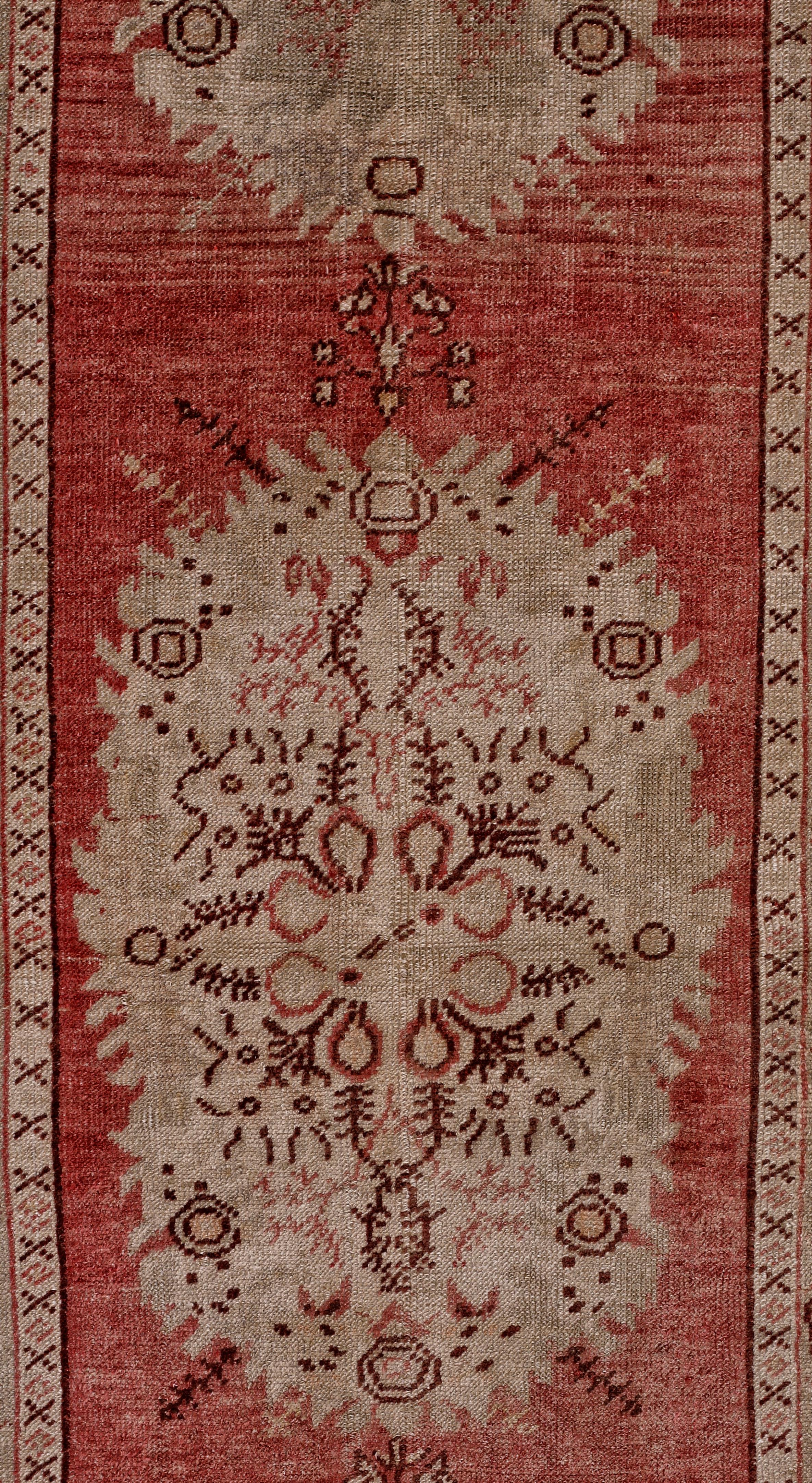 Hand-Knotted Red, Green and Beige Handmade Wool Turkish Old Anatolian Konya Distressed Rug For Sale