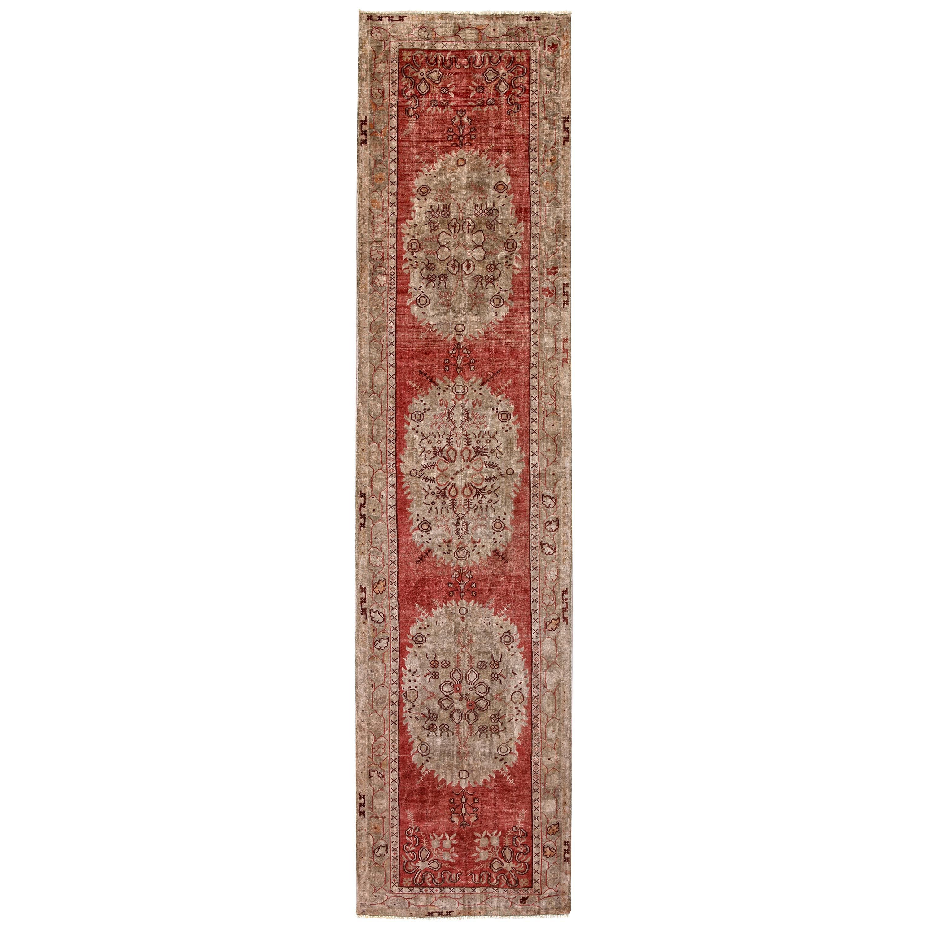 Red, Green and Beige Handmade Wool Turkish Old Anatolian Konya Distressed Rug For Sale