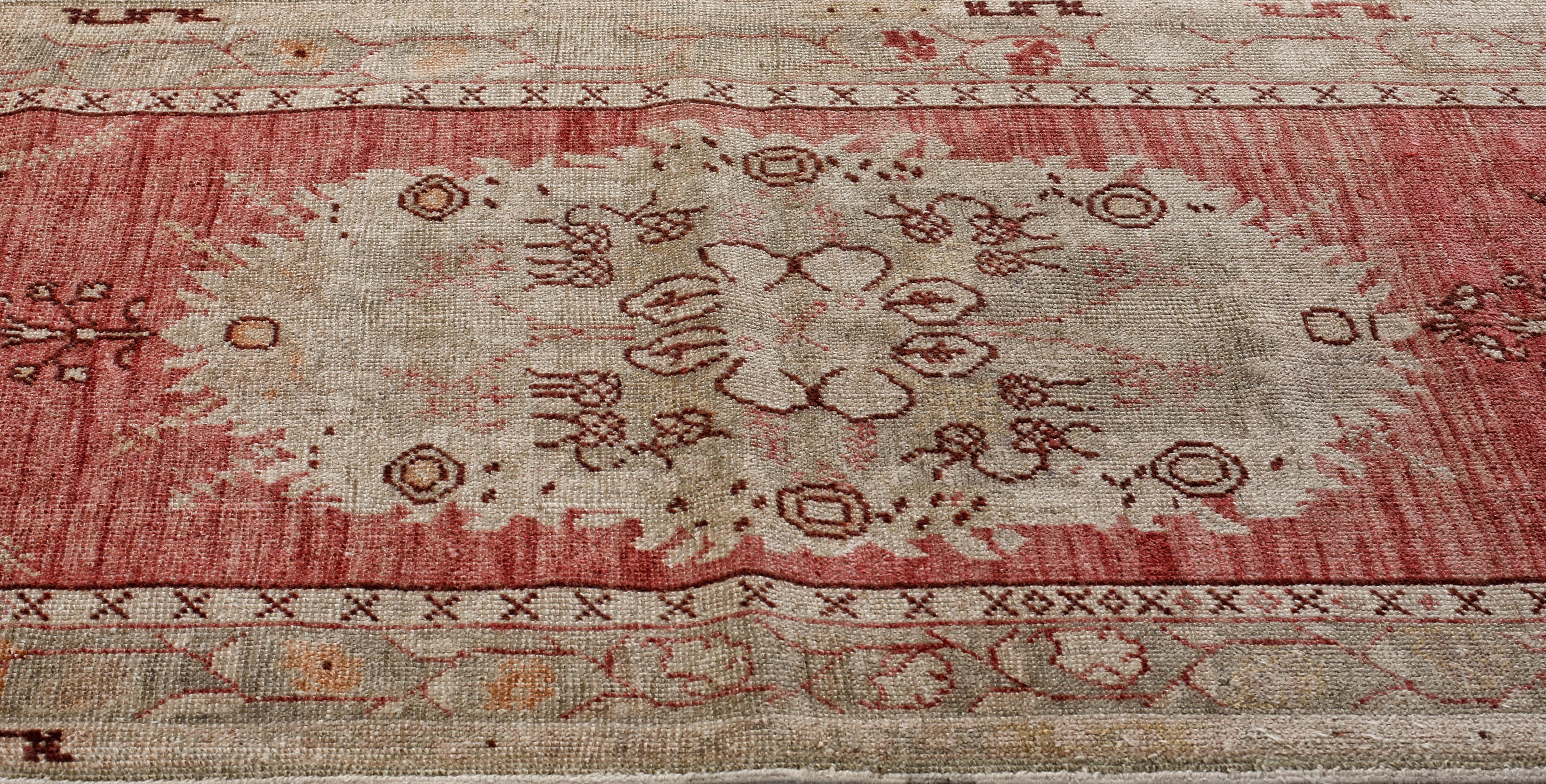 Red, Green and Beige Handmade Wool Turkish Old Anatolian Konya Distressed Rug In Excellent Condition For Sale In North Bergen, NJ