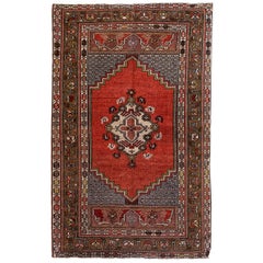 Red, Green and Brown Handmade Wool Turkish Old Anatolian Konya Distressed Rug