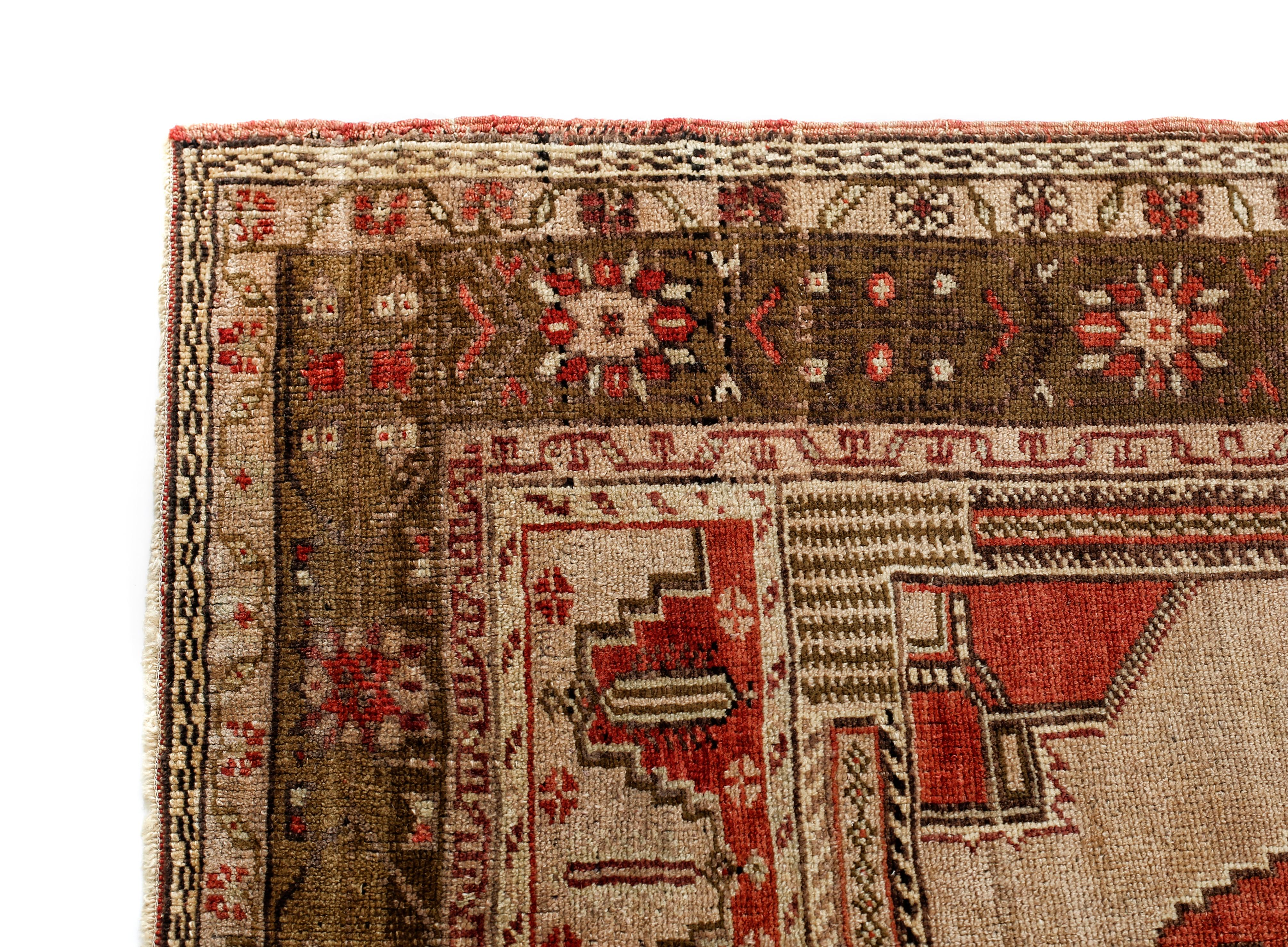Oushak Red, Green and Brown Handmade Wool Turkish Old Anatolian Konya Rug For Sale
