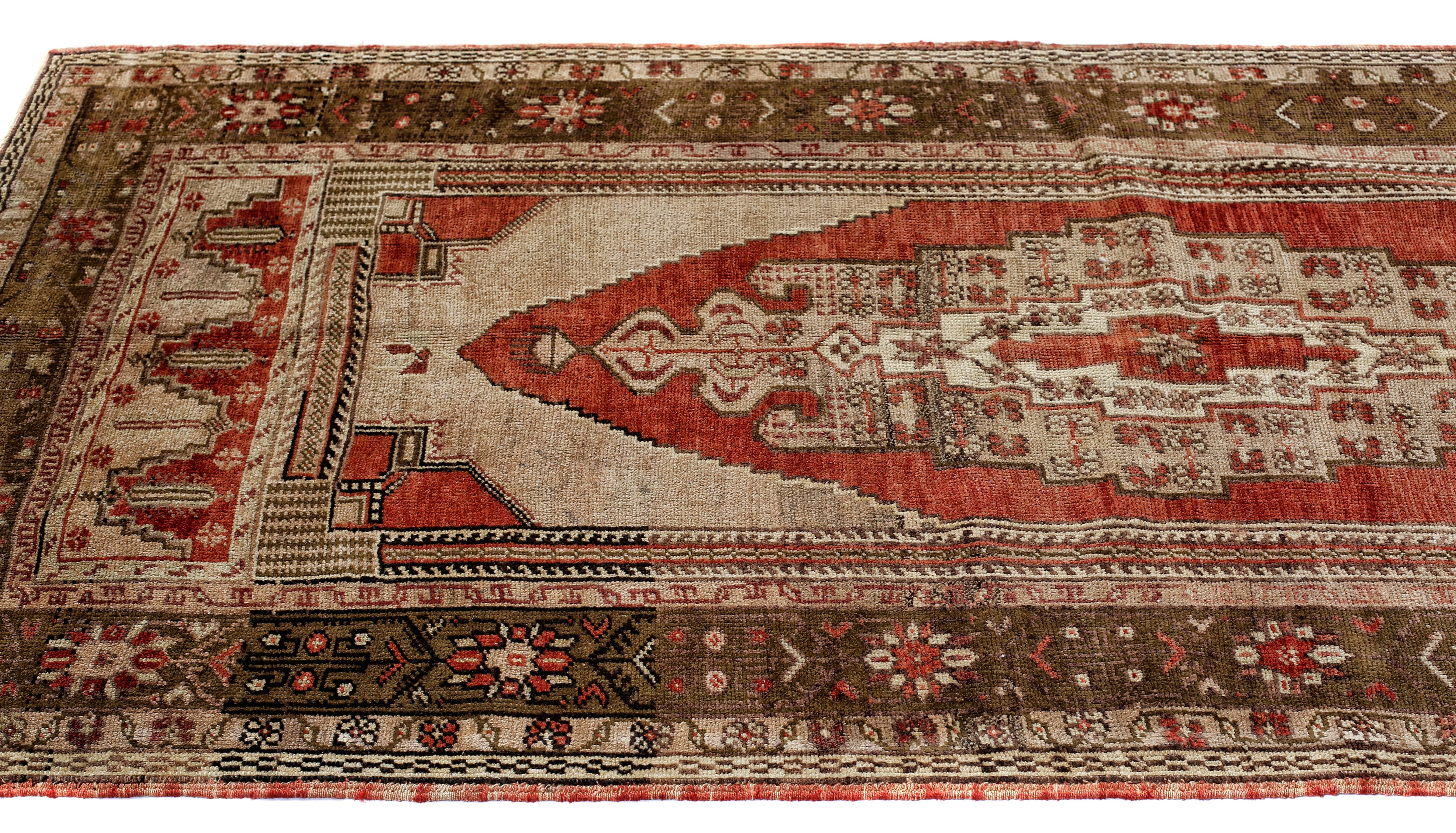 Hand-Knotted Red, Green and Brown Handmade Wool Turkish Old Anatolian Konya Rug For Sale