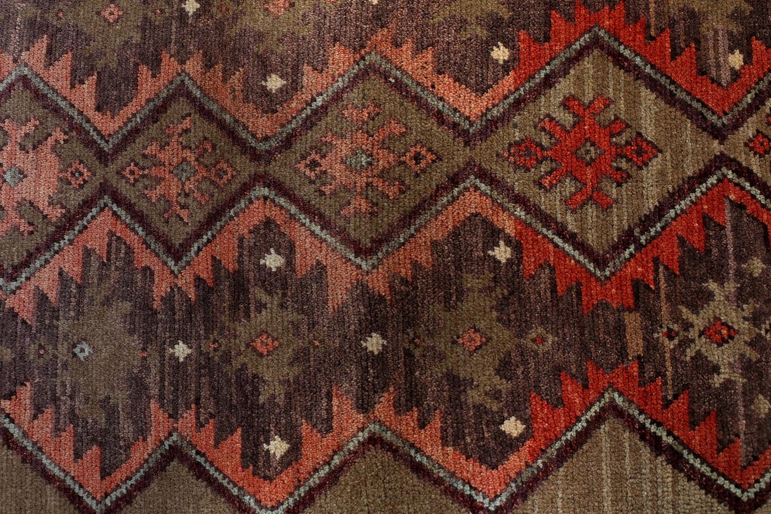 Red, Green and Brown Handmade Wool Turkish Old Anatolian Konya Rug In Excellent Condition For Sale In North Bergen, NJ