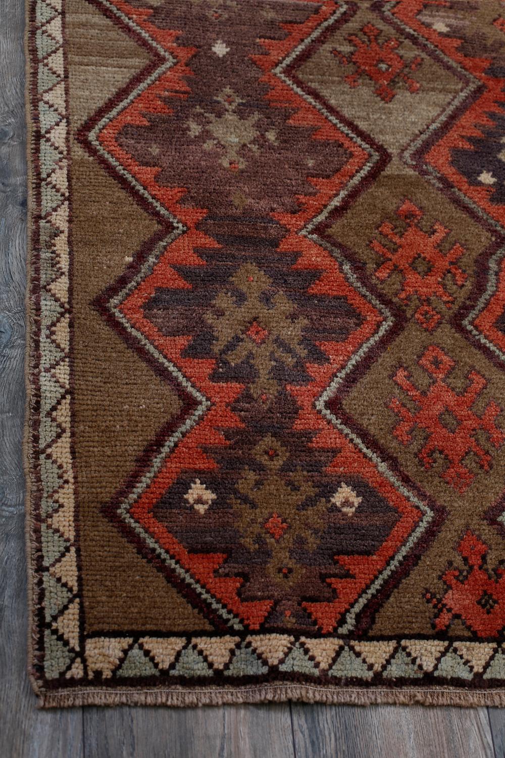 Red, Green and Brown Handmade Wool Turkish Old Anatolian Konya Rug For Sale 3