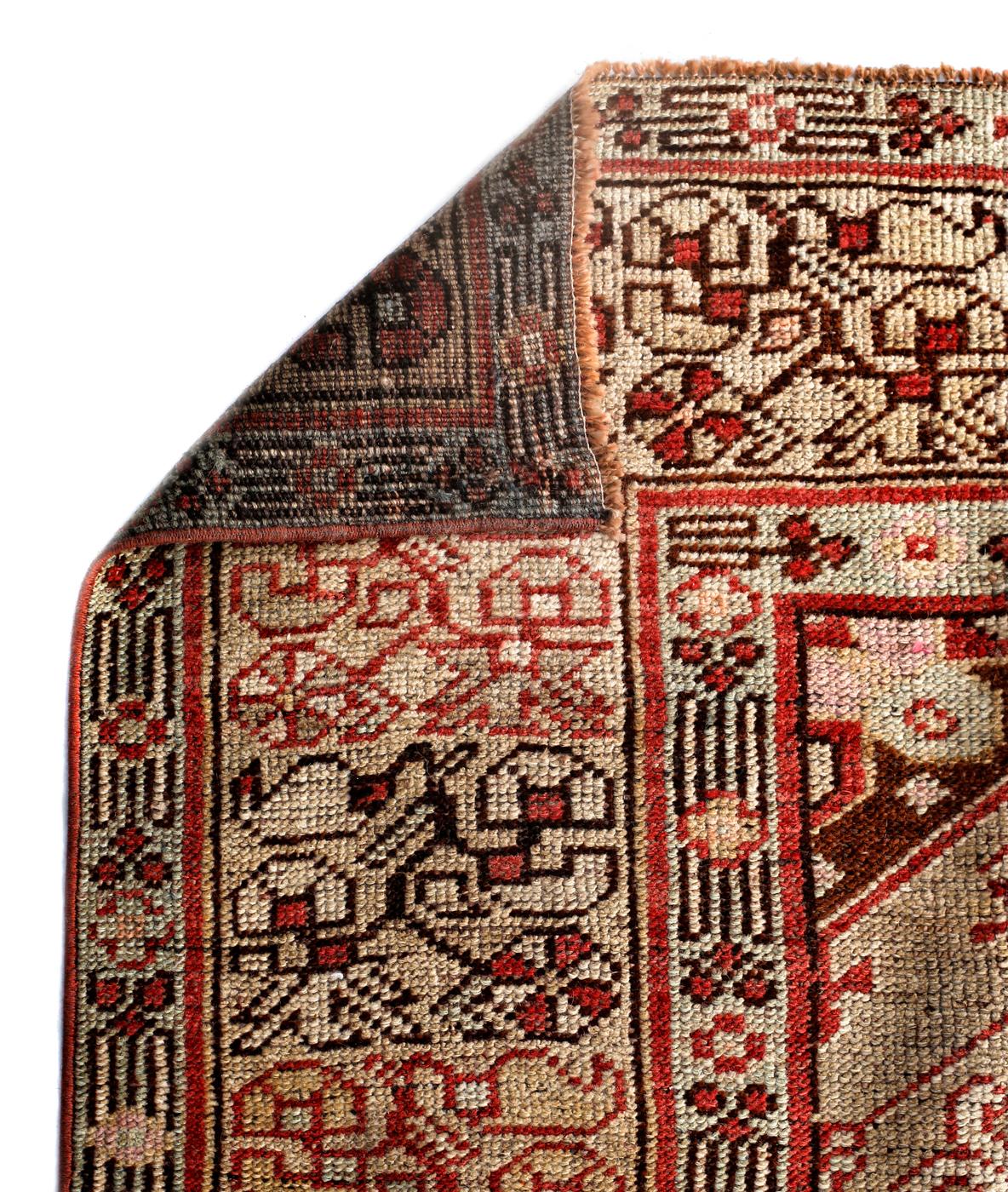Oushak Red, Green and Gold Handmade Wool Turkish Old Anatolian Konya Distressed Rug For Sale