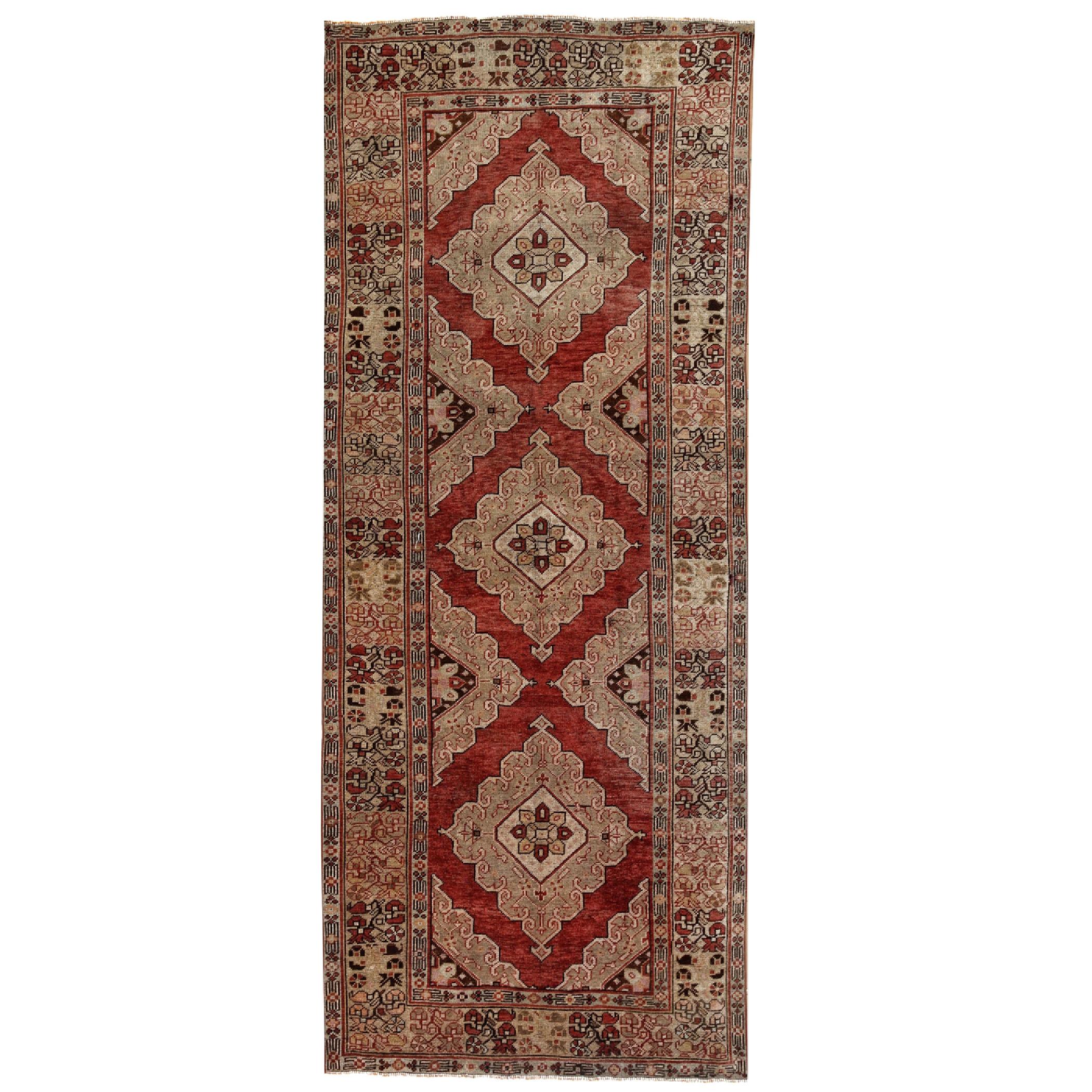 Red, Green and Gold Handmade Wool Turkish Old Anatolian Konya Distressed Rug For Sale