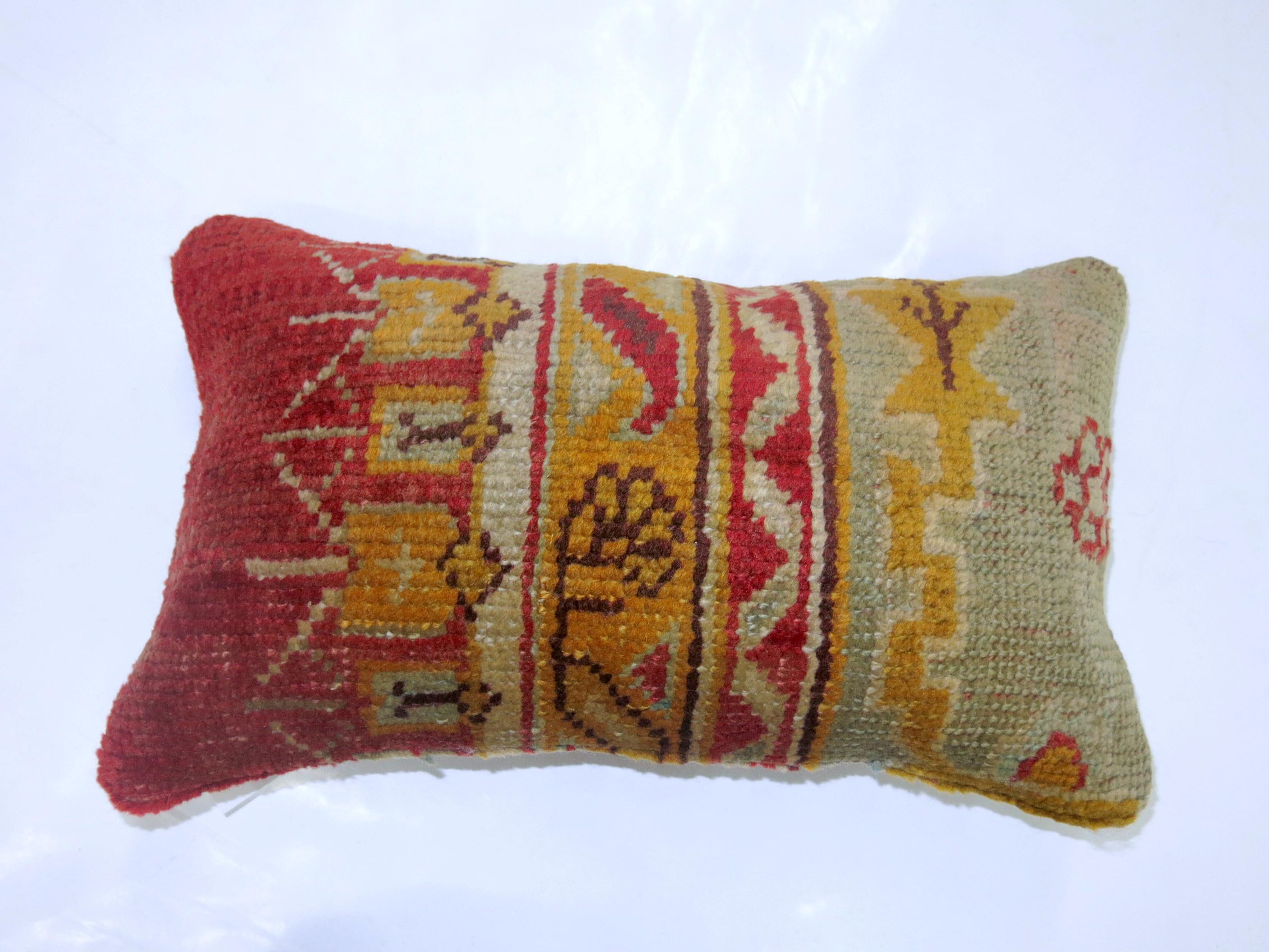 Red Green Antique Oushak 20th Century Bolster Size Border Rug Pillow In Good Condition In New York, NY
