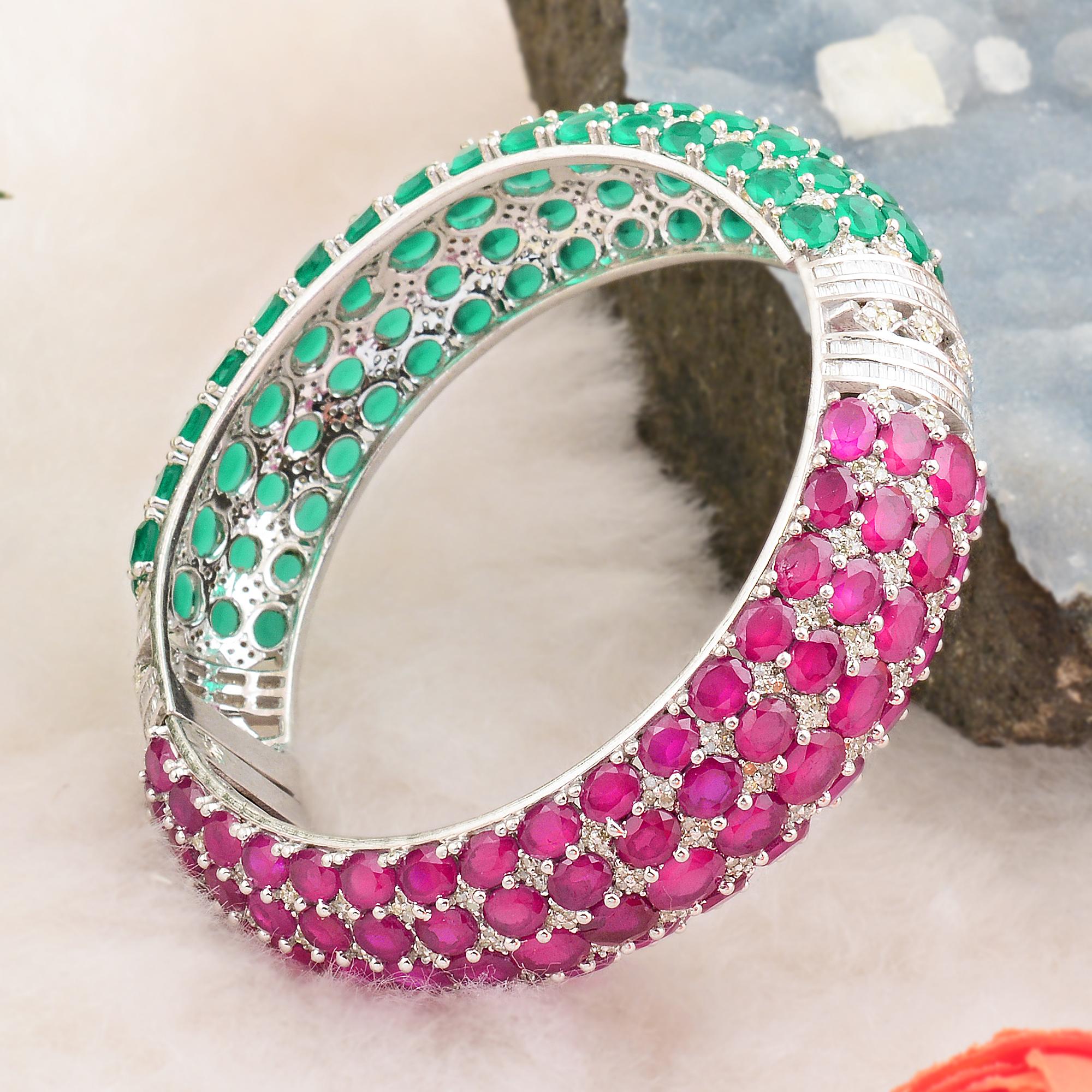 Modern Red & Green Gemstone Bangle Bracelet Diamond Gold Silver Vintage Style Jewelry