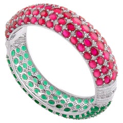 Red & Green Gemstone Bangle Bracelet Diamond Gold Silver Vintage Style Jewelry