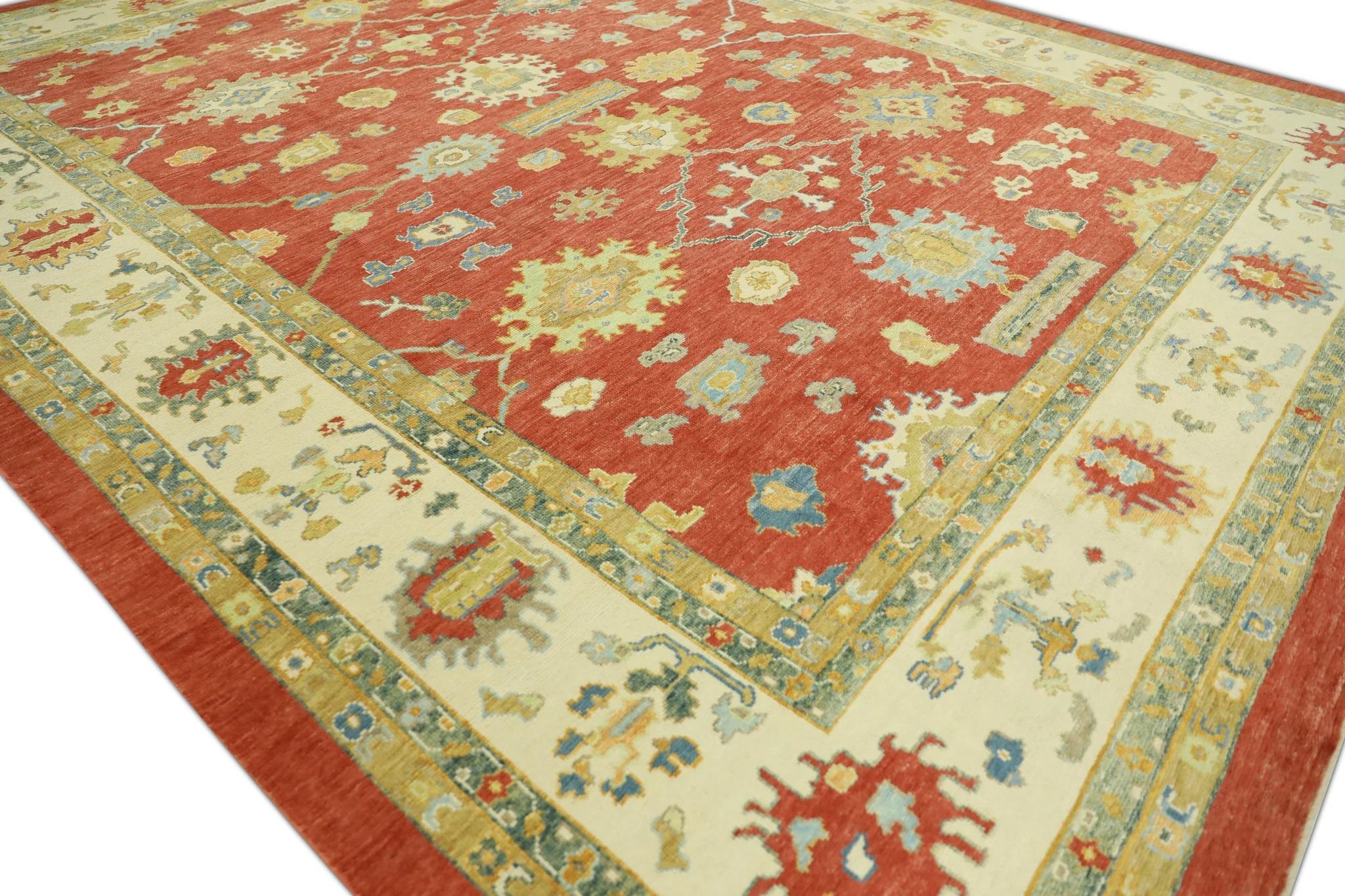 This modern Turkish Oushak rug is a stunning piece of art that has been handwoven using traditional techniques by skilled artisans. The rug features intricate patterns and a soft color palette that is achieved through the use of natural vegetable
