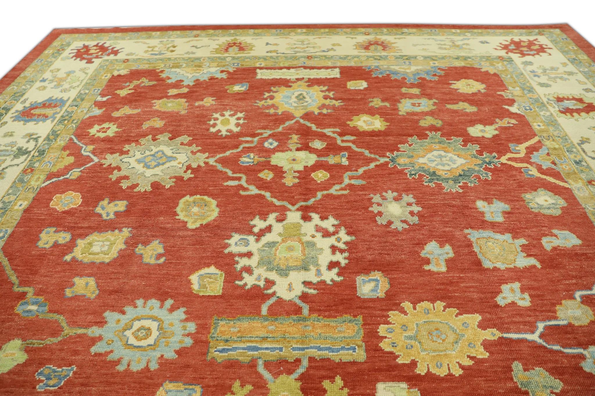 Contemporary Red & Green Handwoven Wool Turkish Oushak Rug 12' x 14'11