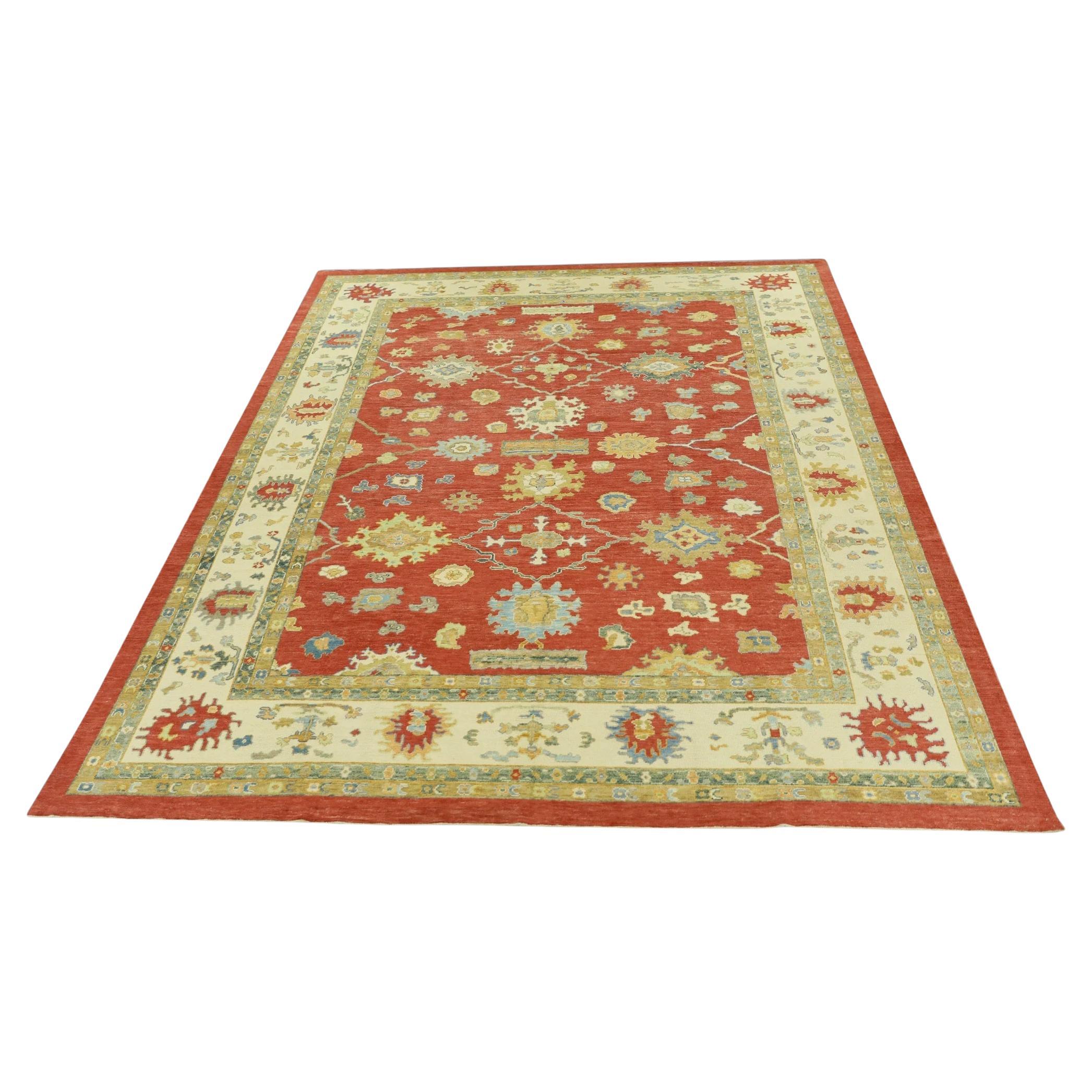 Red & Green Handwoven Wool Turkish Oushak Rug 12' x 14'11" For Sale