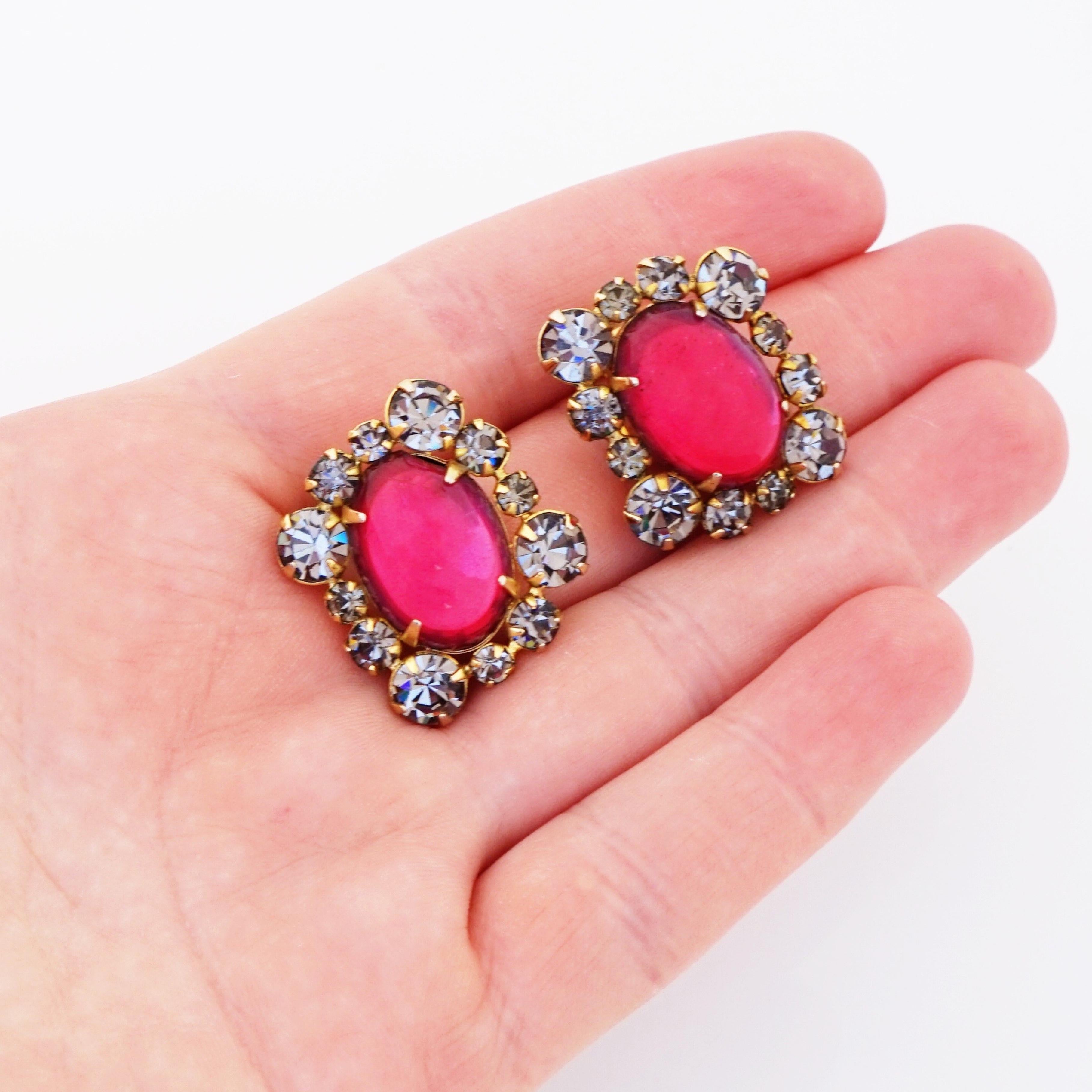 Red Gripoix Glass Earrings With Smokey Gray Rhinestones By Hattie Carnegie In Good Condition For Sale In McKinney, TX