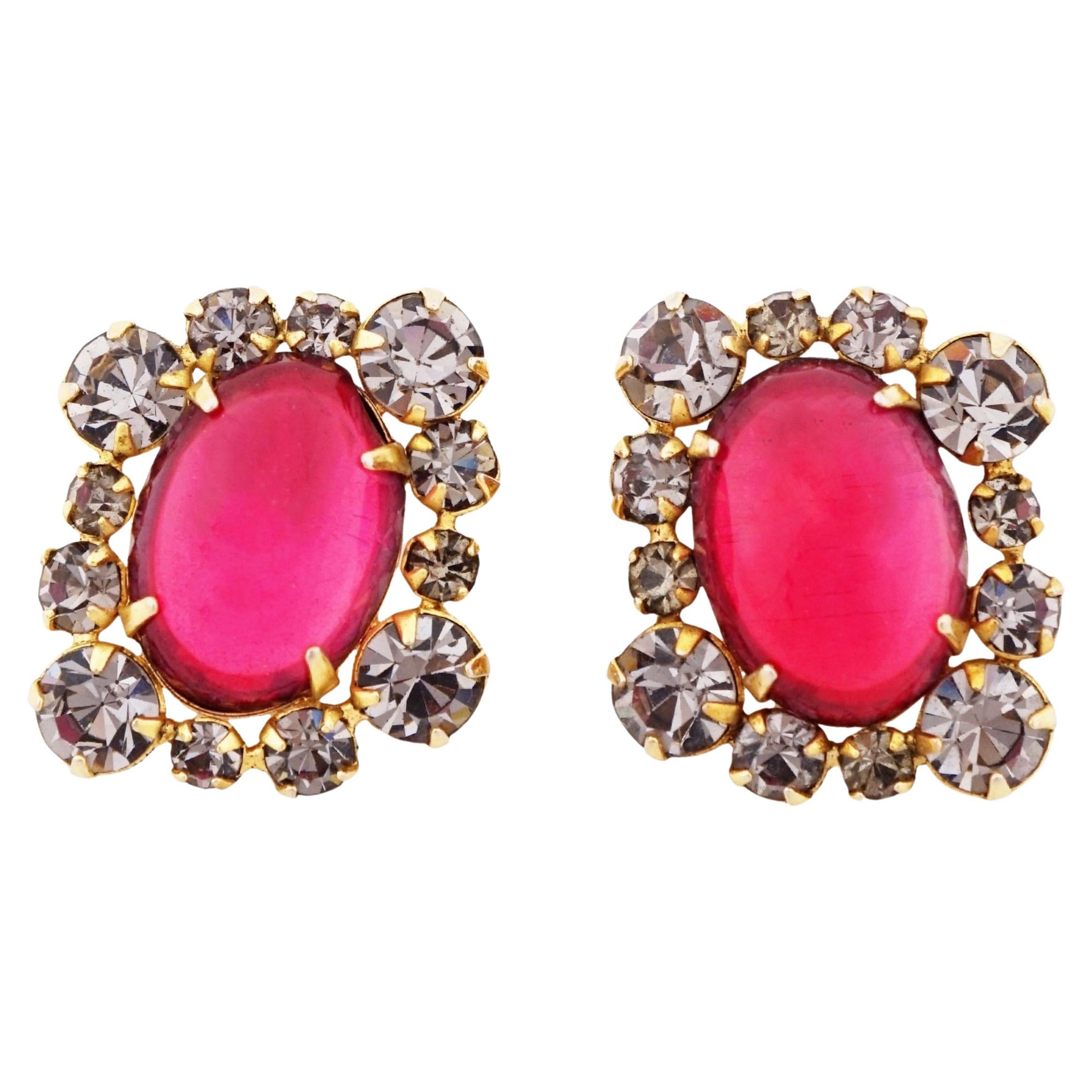 Red Gripoix Glass Earrings With Smokey Gray Rhinestones By Hattie Carnegie For Sale