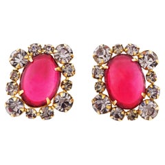 Used Red Gripoix Glass Earrings With Smokey Gray Rhinestones By Hattie Carnegie