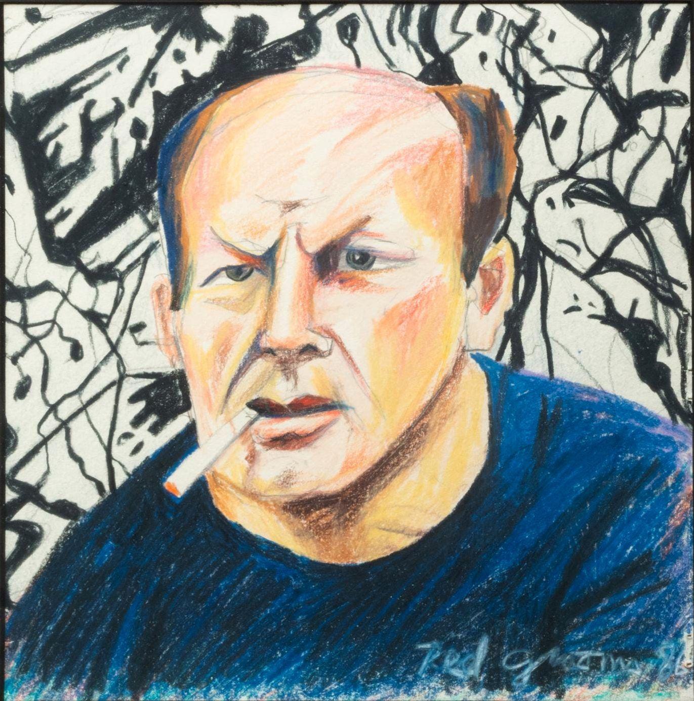 Red Grooms Portrait Painting – ""Jackson Pollock", Rote Würfel, Pop-Art-Porträt der New Yorker Schule