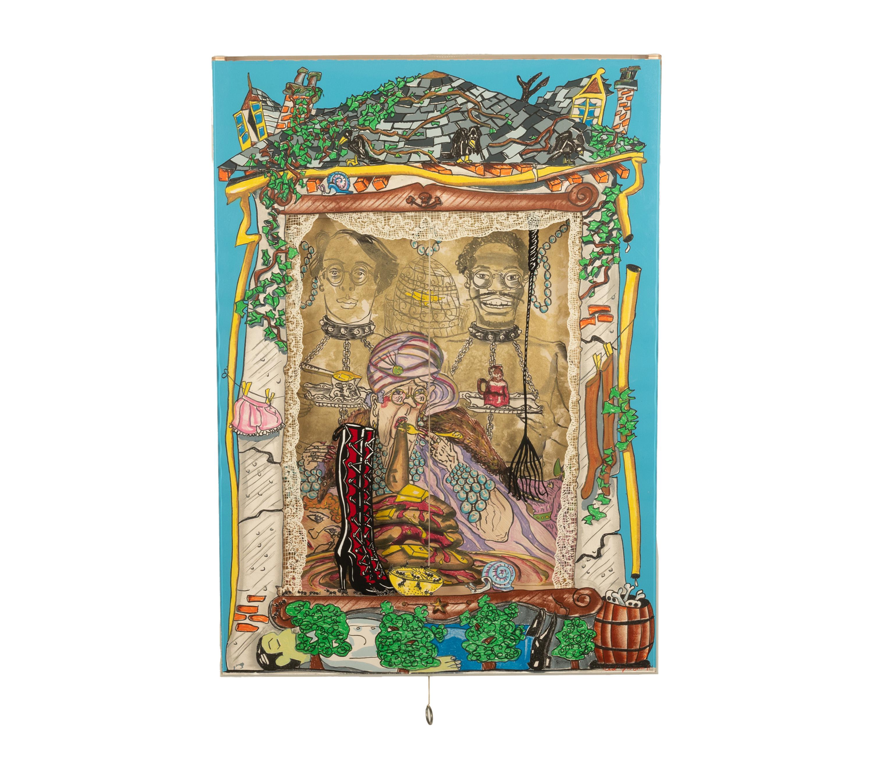 The Pancake Eater, 1981 de Red Grooms (n. 1937), Prueba de Artista, 2 de 9 (aparte de la edición de 31).
Litografía y serigrafía multicapa en 31 colores con polvo de resplandor dorado.
Collage recortado y persiana de vinilo con cordón de tracción en