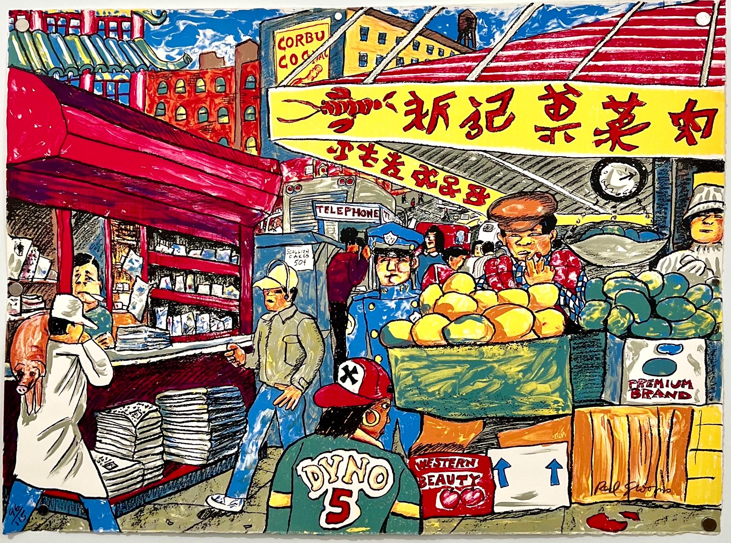 Red Grooms (américain, né en 1937). 
Lithographie en couleurs sur papier vélin, 1993
"À l'est de la rue Canal, à l'angle de la rue Canal.
Publié par le Brooklyn Museum 
(Référence :  Les palefreniers rouges : L'œuvre graphique, Walter G. Knestrick.