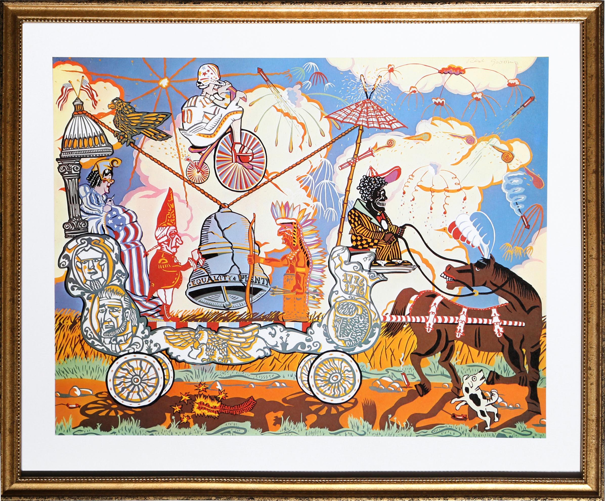 Vagón del Bicentenario de Red Grooms, estadounidense (1937)
Fecha: 1975
Litografía offset (sin firmar como emitida)
Tamaño de la imagen: 10 x 13 pulgadas
Tamaño: 35,56 cm x 43,18 cm (14 pulg. x 17 pulg.)
Tamaño del marco: 17 x 20 pulgadas
Editorial: